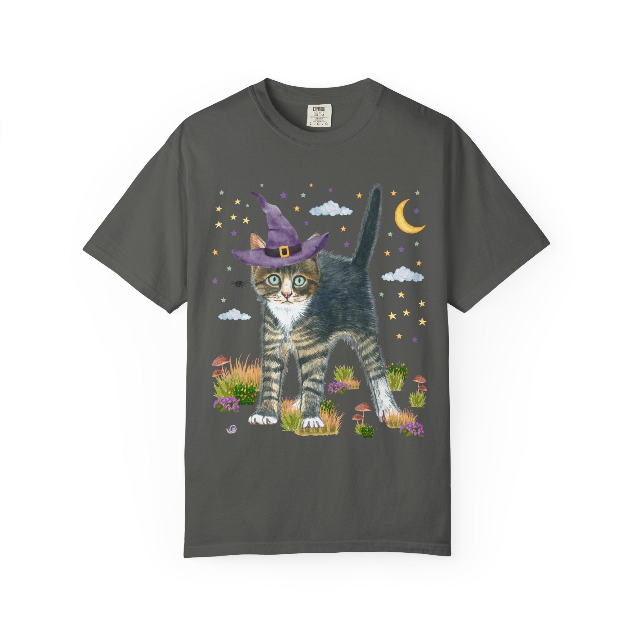 Witchy Halloween Kitten Tee Shirt with Pumpkins and Bats: 90s Aesthetic Goblincore Cat Mom or Cat Dad Tee, Spooky Season, Animal Lover Tee - Opal and June