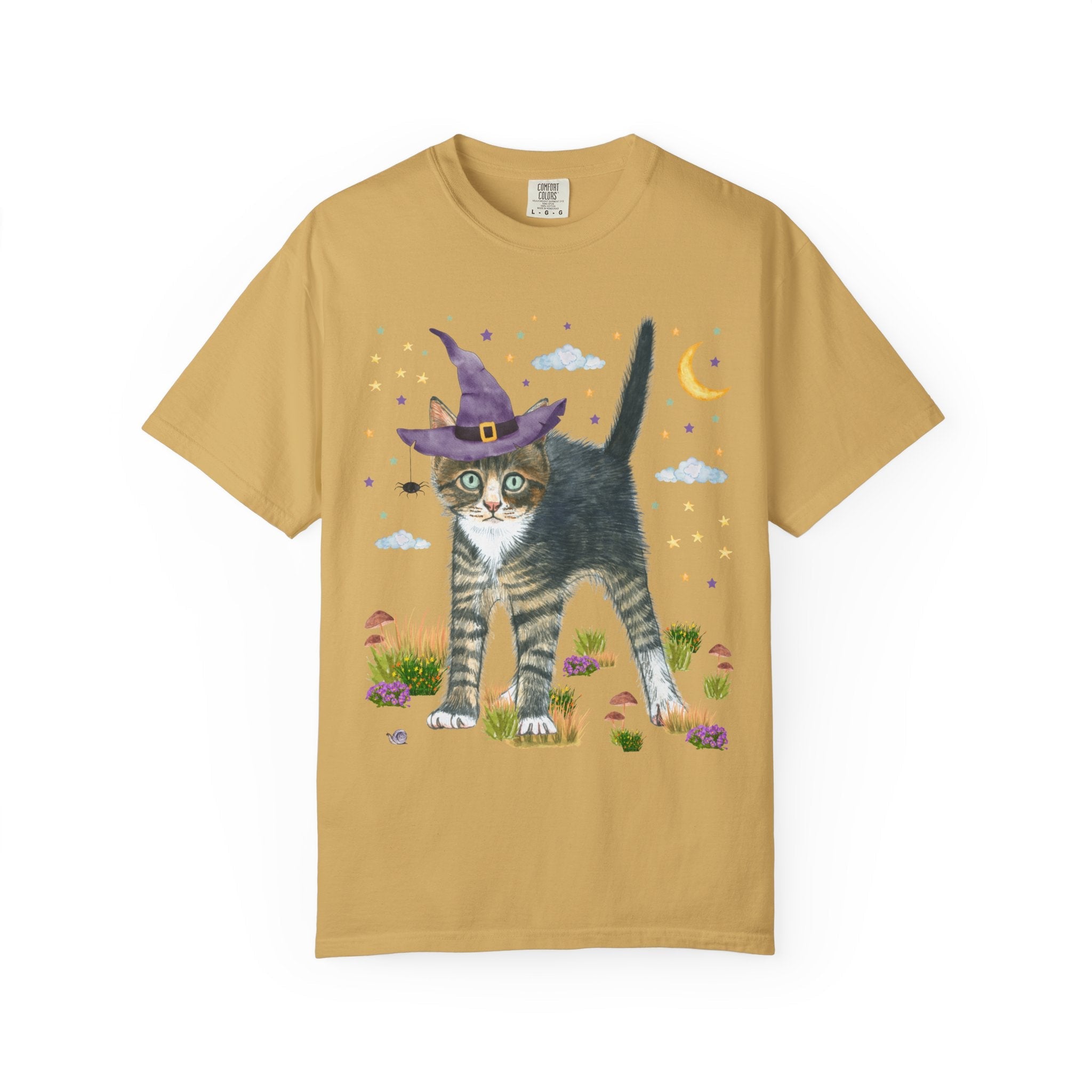 Witchy Halloween Kitten Tee Shirt with Pumpkins and Bats: 90s Aesthetic Goblincore Cat Mom or Cat Dad Tee, Spooky Season, Animal Lover Tee - Opal and June