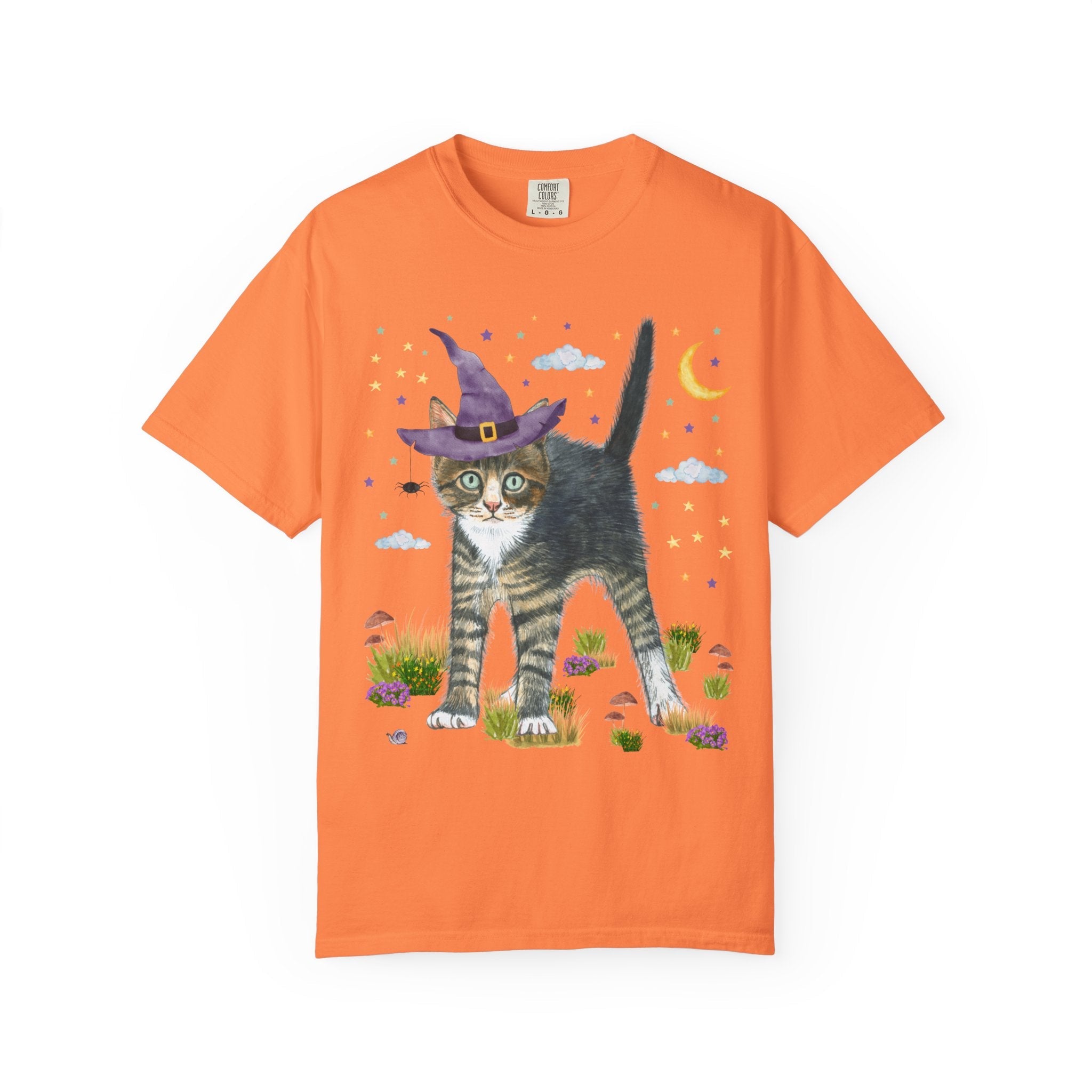 Witchy Halloween Kitten Tee Shirt with Pumpkins and Bats: 90s Aesthetic Goblincore Cat Mom or Cat Dad Tee, Spooky Season, Animal Lover Tee - Opal and June