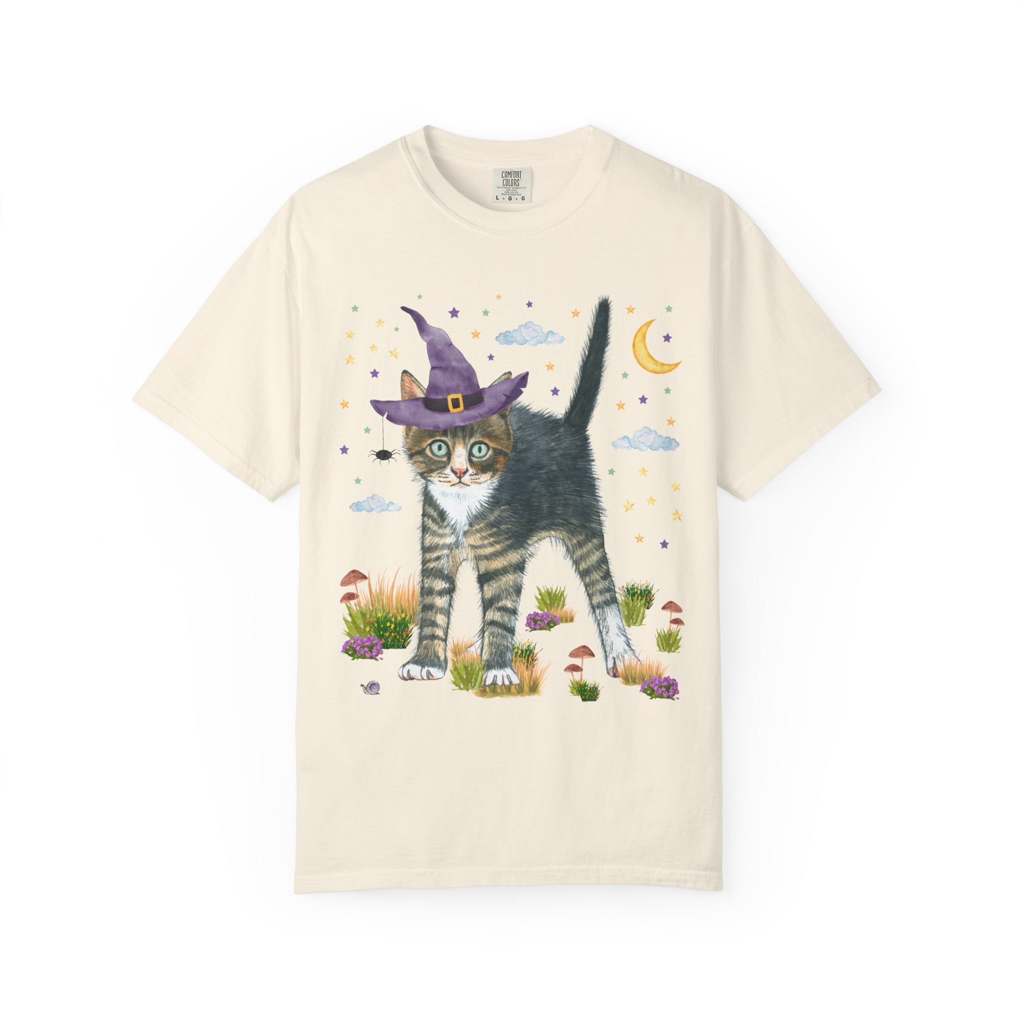 Witchy Halloween Kitten Tee Shirt with Pumpkins and Bats: 90s Aesthetic Goblincore Cat Mom or Cat Dad Tee, Spooky Season, Animal Lover Tee - Opal and June