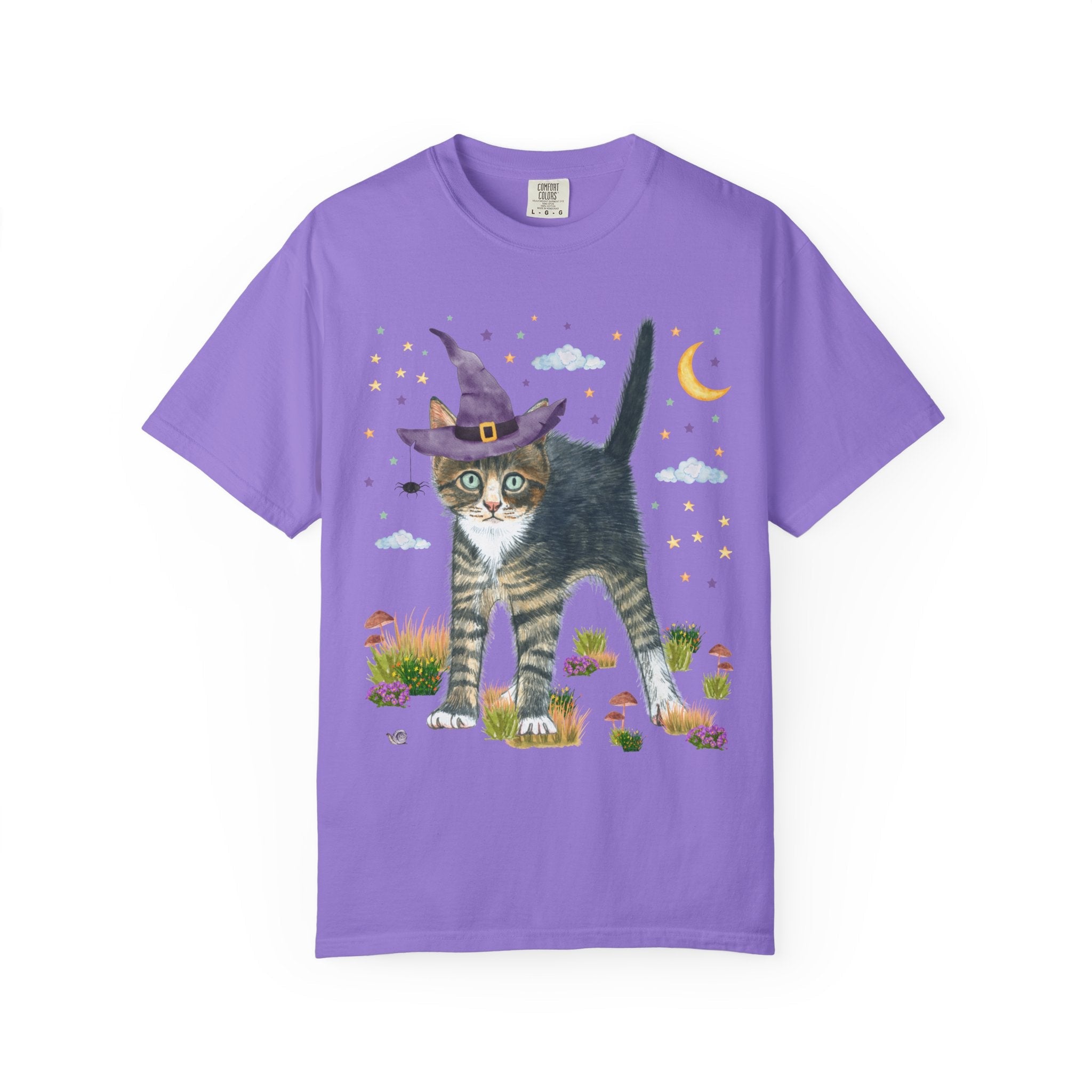 Witchy Halloween Kitten Tee Shirt with Pumpkins and Bats: 90s Aesthetic Goblincore Cat Mom or Cat Dad Tee, Spooky Season, Animal Lover Tee - Opal and June