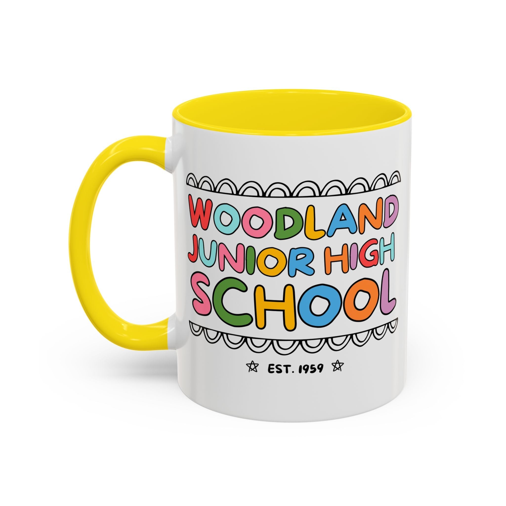 Woodland Junior High: Rainbow Letters 11 Oz Coffee Mug | FPS + Opal and June Coffee Mug, Fayetteville Public Schools - Opal and June