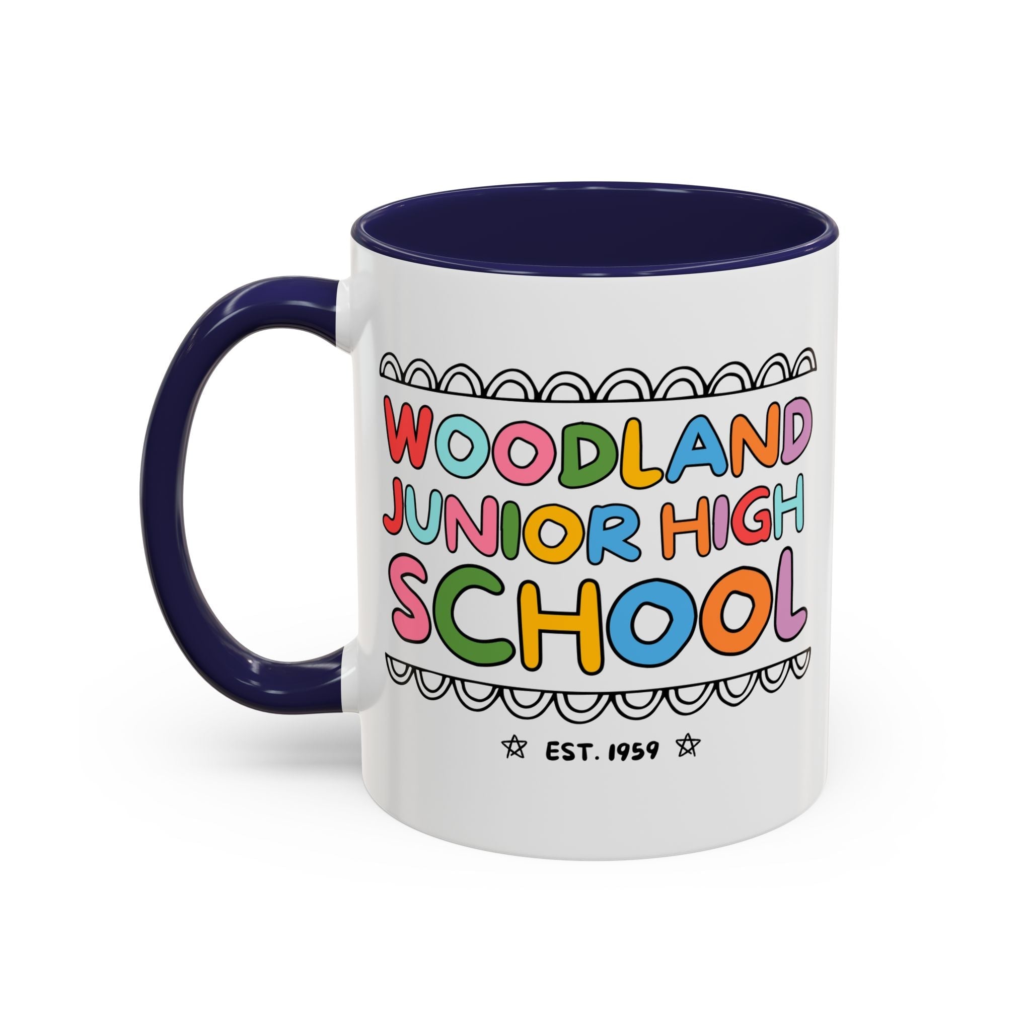 Woodland Junior High: Rainbow Letters 11 Oz Coffee Mug | FPS + Opal and June Coffee Mug, Fayetteville Public Schools - Opal and June