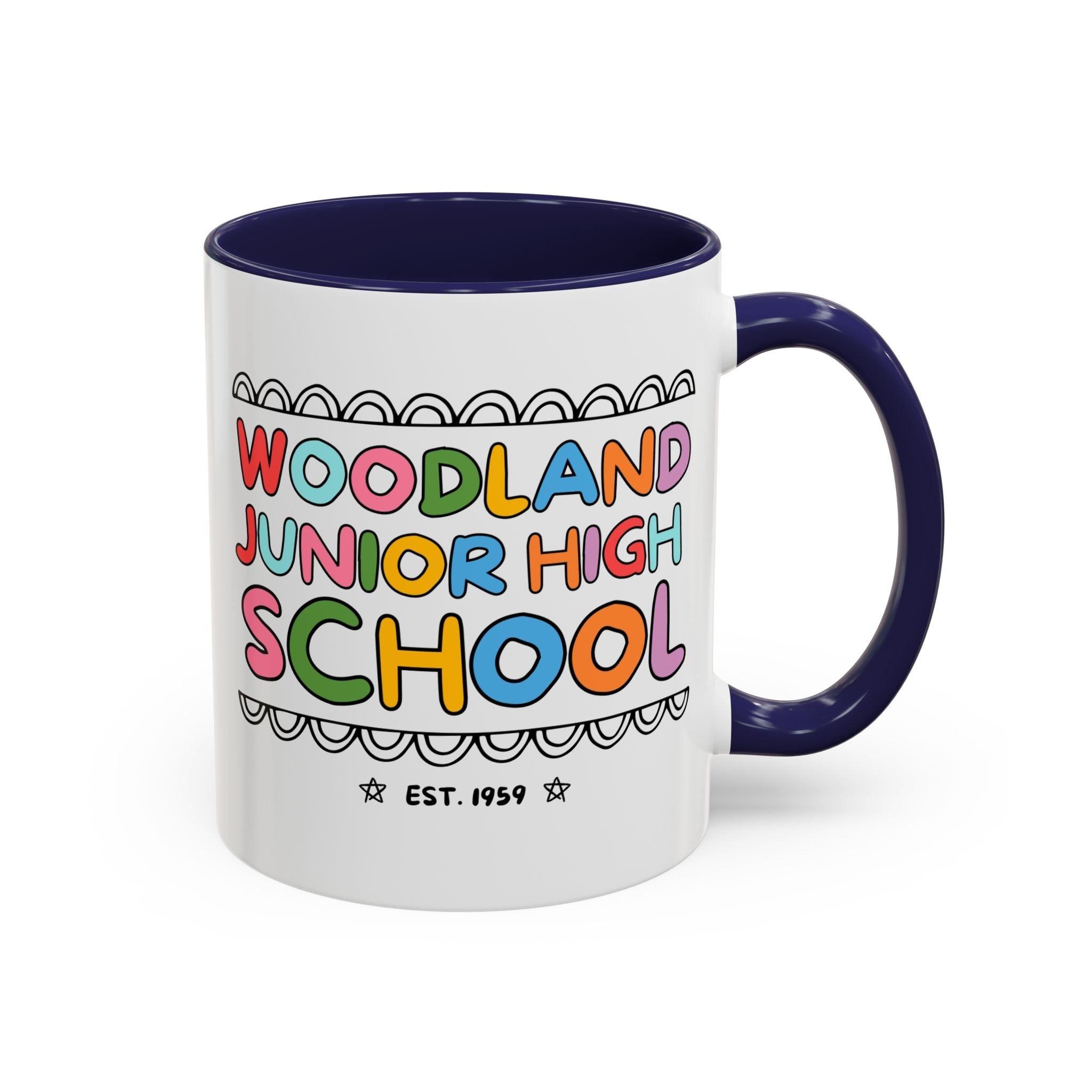 Woodland Junior High: Rainbow Letters 11 Oz Coffee Mug | FPS + Opal and June Coffee Mug, Fayetteville Public Schools - Opal and June