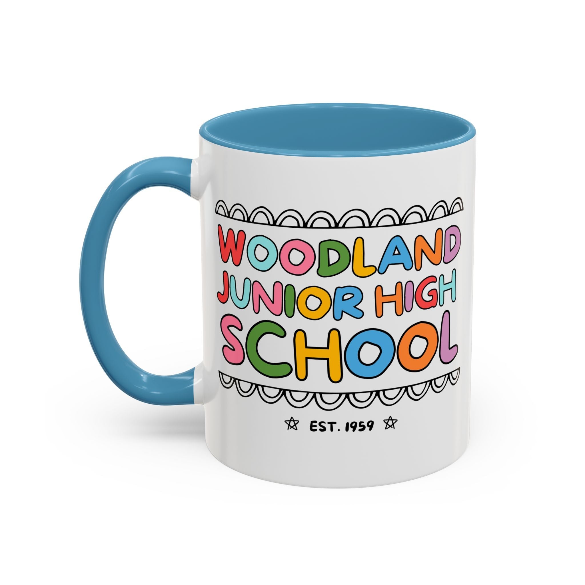 Woodland Junior High: Rainbow Letters 11 Oz Coffee Mug | FPS + Opal and June Coffee Mug, Fayetteville Public Schools - Opal and June