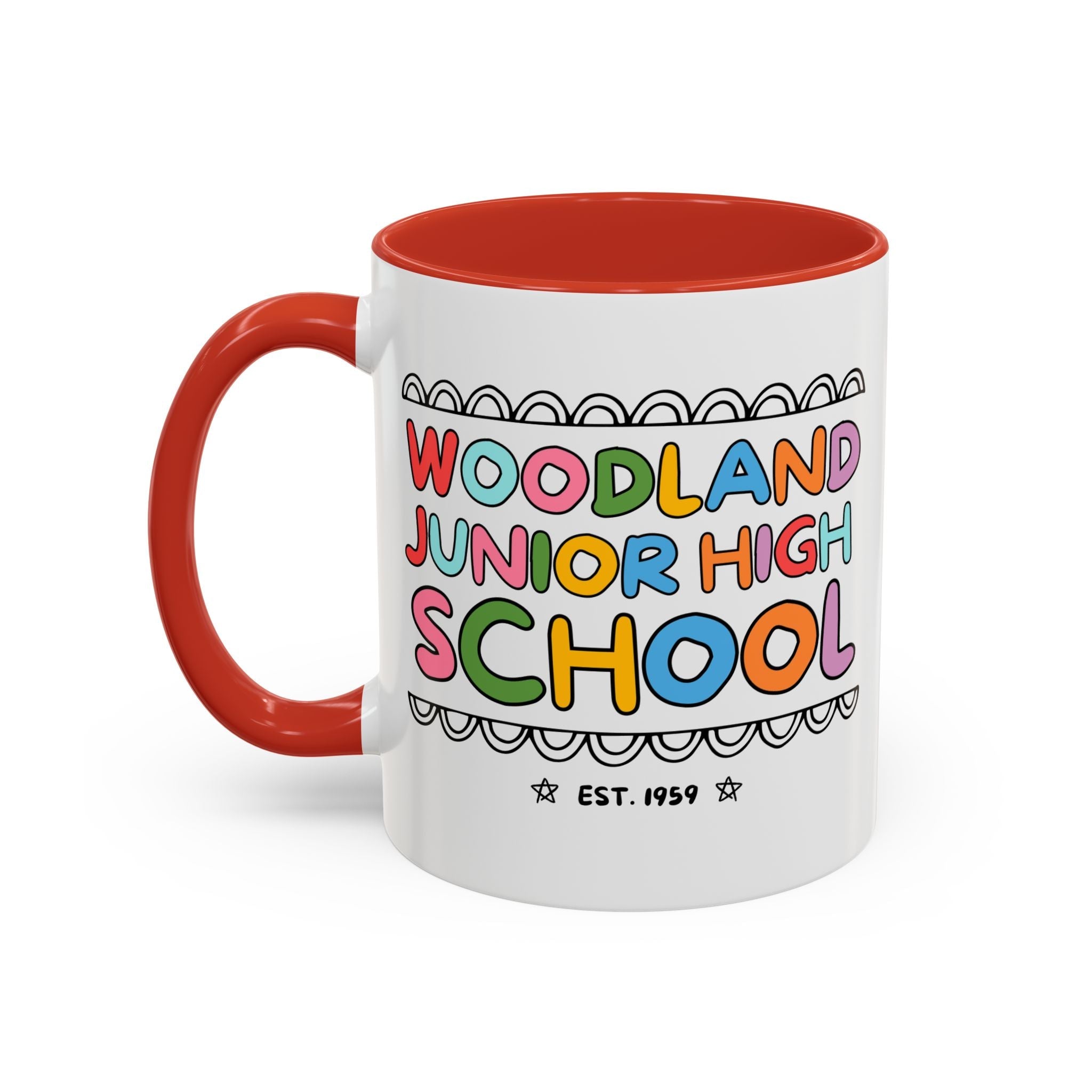 Woodland Junior High: Rainbow Letters 11 Oz Coffee Mug | FPS + Opal and June Coffee Mug, Fayetteville Public Schools - Opal and June