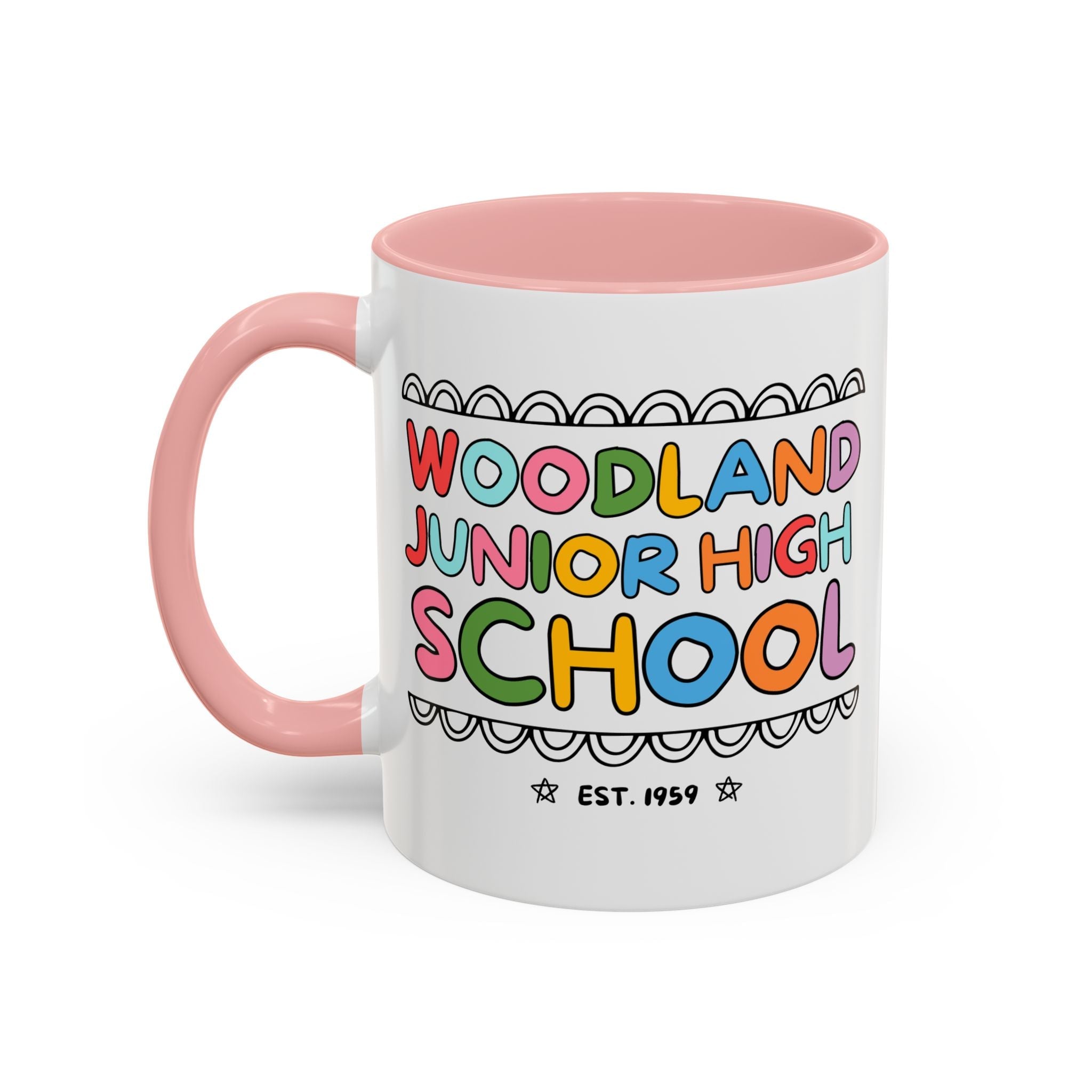 Woodland Junior High: Rainbow Letters 11 Oz Coffee Mug | FPS + Opal and June Coffee Mug, Fayetteville Public Schools - Opal and June