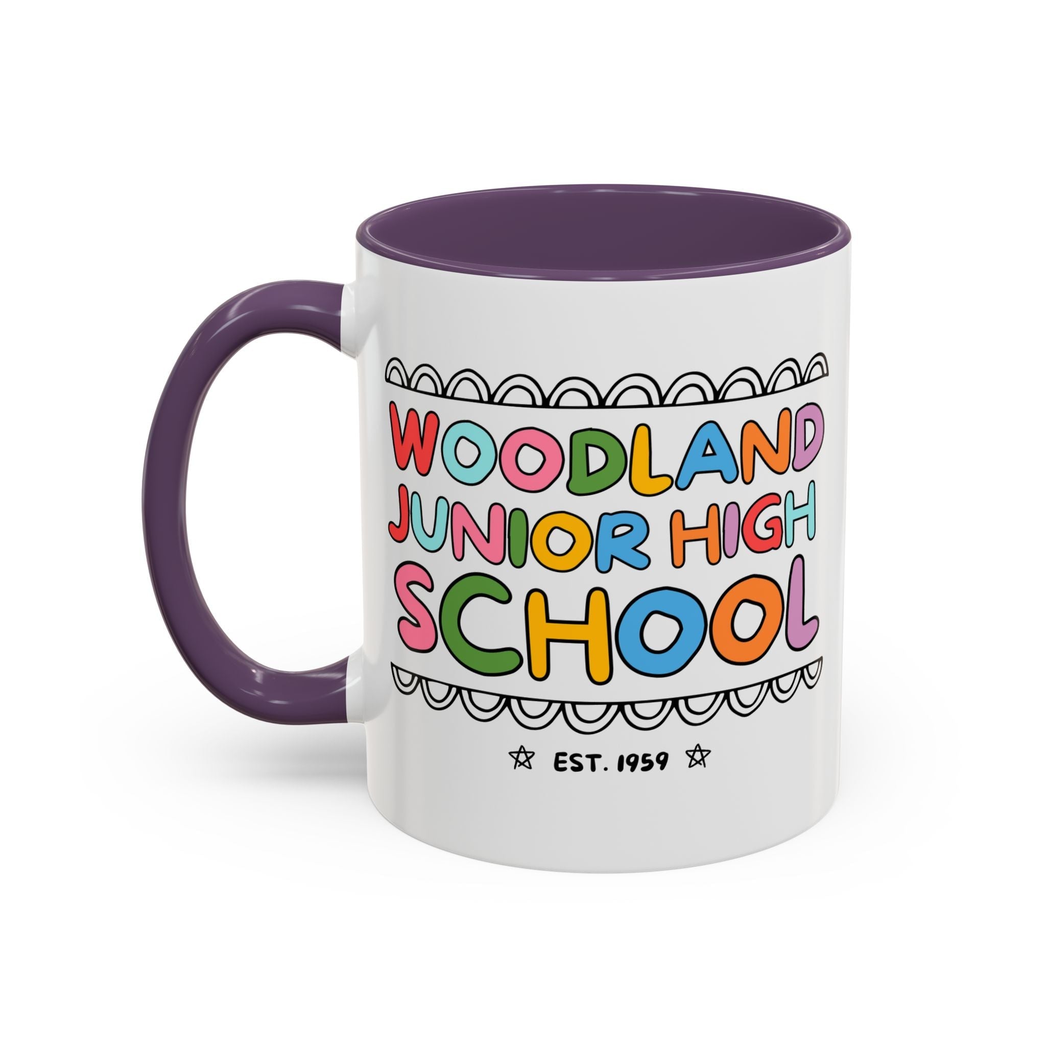 Woodland Junior High: Rainbow Letters 11 Oz Coffee Mug | FPS + Opal and June Coffee Mug, Fayetteville Public Schools - Opal and June