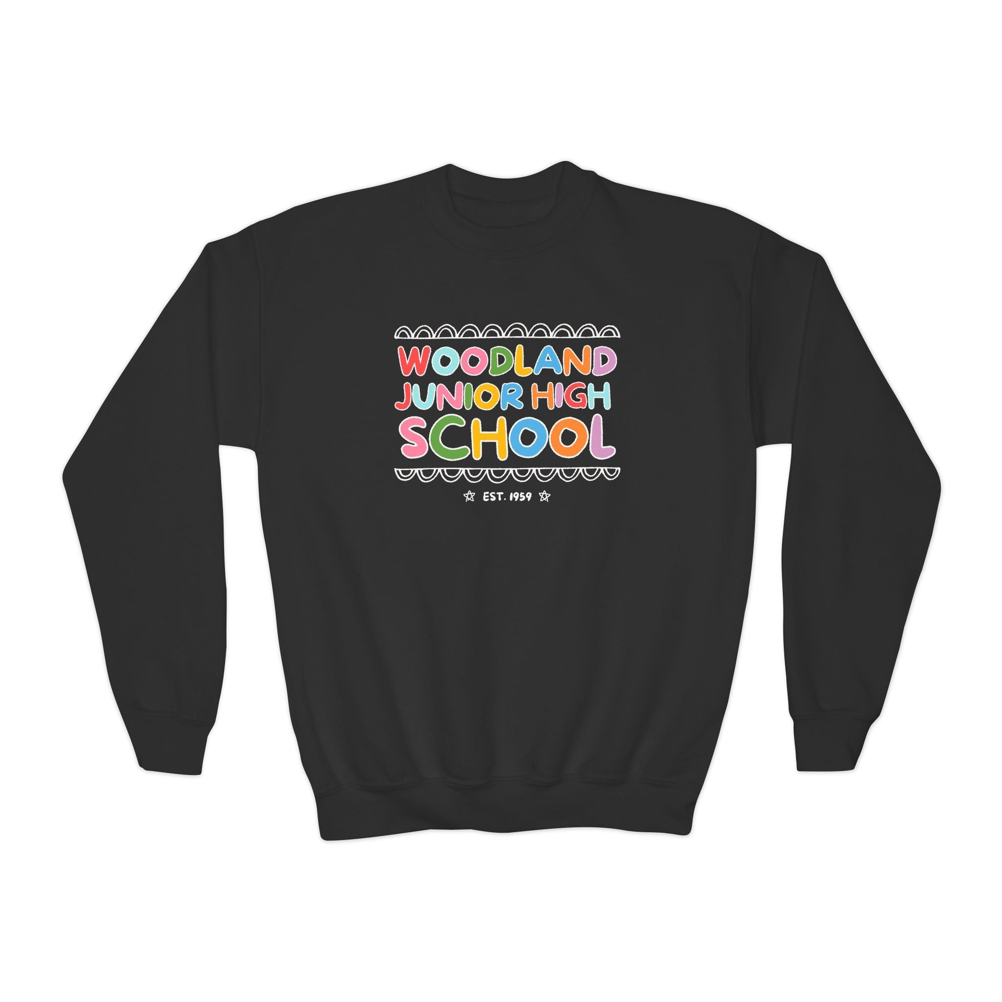 Woodland Junior High: Rainbow Letters Kids Sweatshirt | FPS + Opal and June Kids Sweatshirt, Fayetteville Public Schools - Opal and June