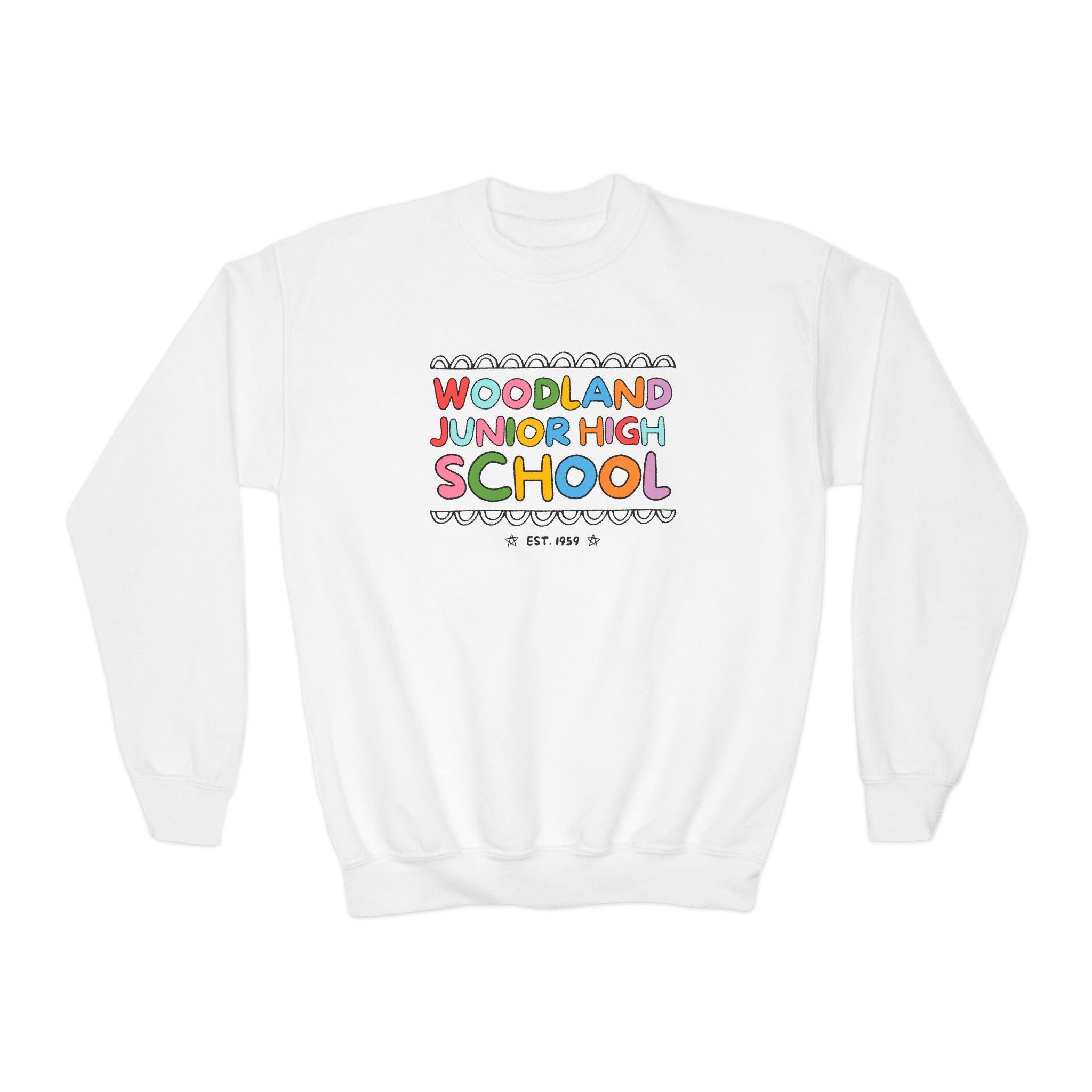 Woodland Junior High: Rainbow Letters Kids Sweatshirt | FPS + Opal and June Kids Sweatshirt, Fayetteville Public Schools - Opal and June