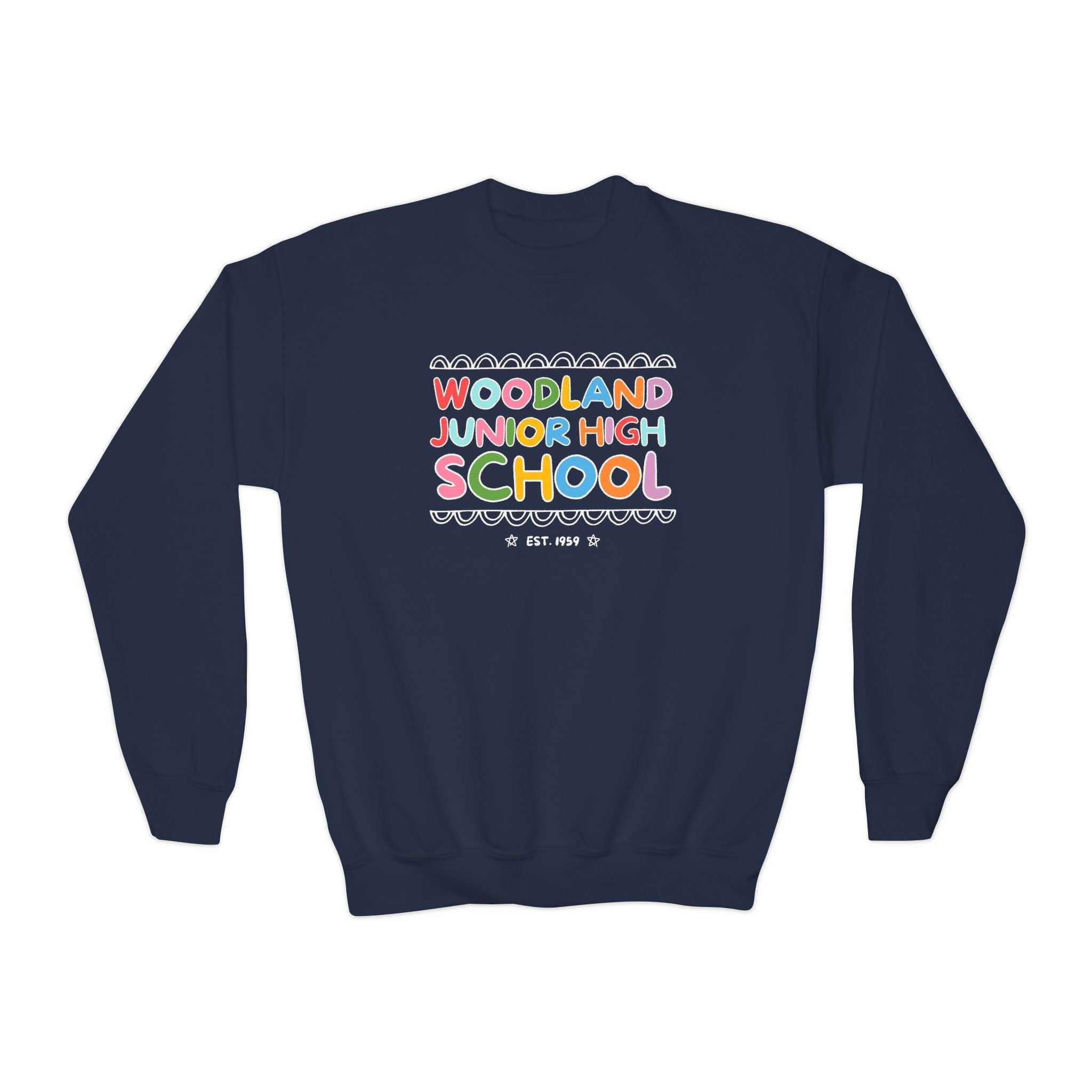 Woodland Junior High: Rainbow Letters Kids Sweatshirt | FPS + Opal and June Kids Sweatshirt, Fayetteville Public Schools - Opal and June