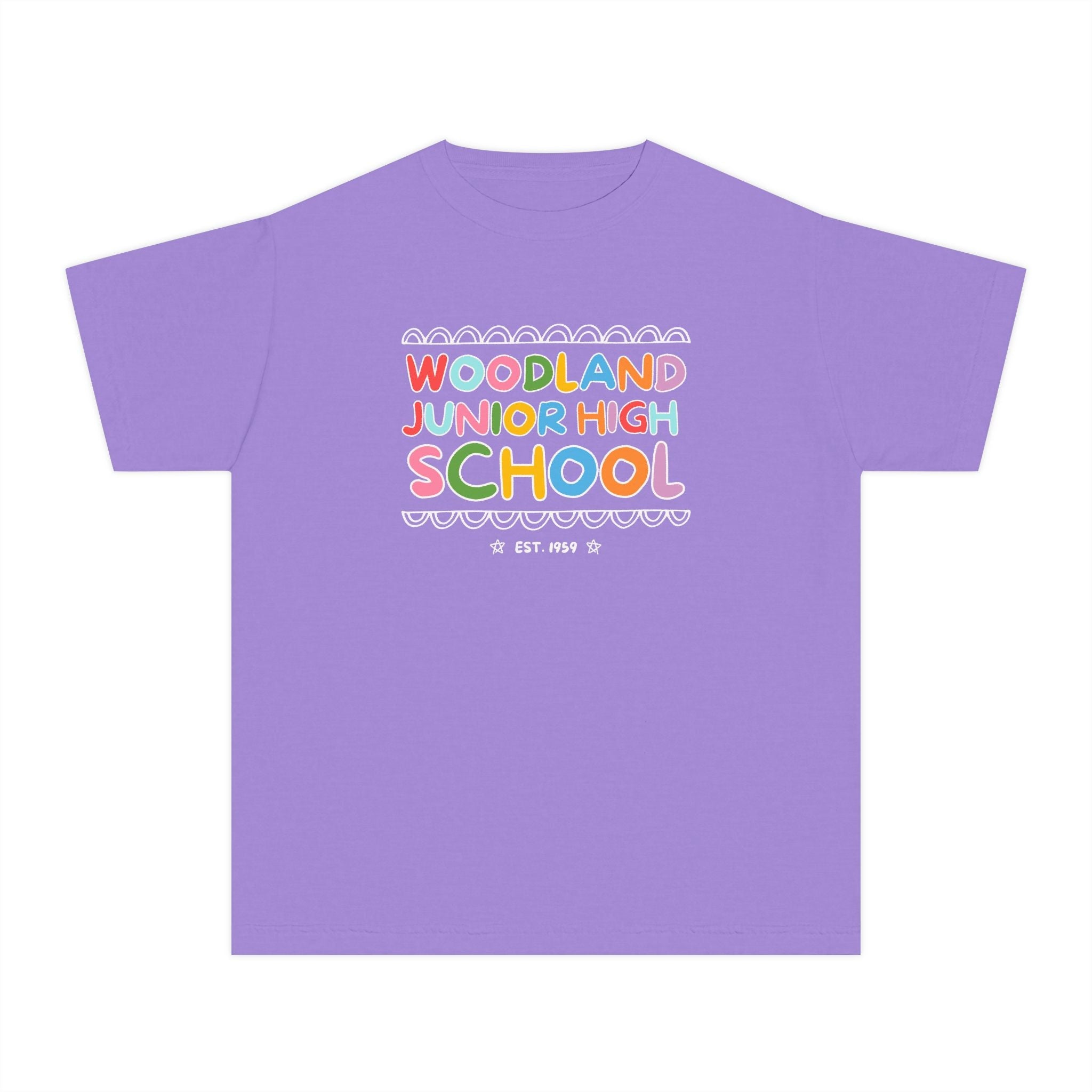 Woodland Junior High: Rainbow Letters Kids Tee Shirt | FPS + Opal and June Kids Tee Shirt, Fayetteville Public Schools - Opal and June