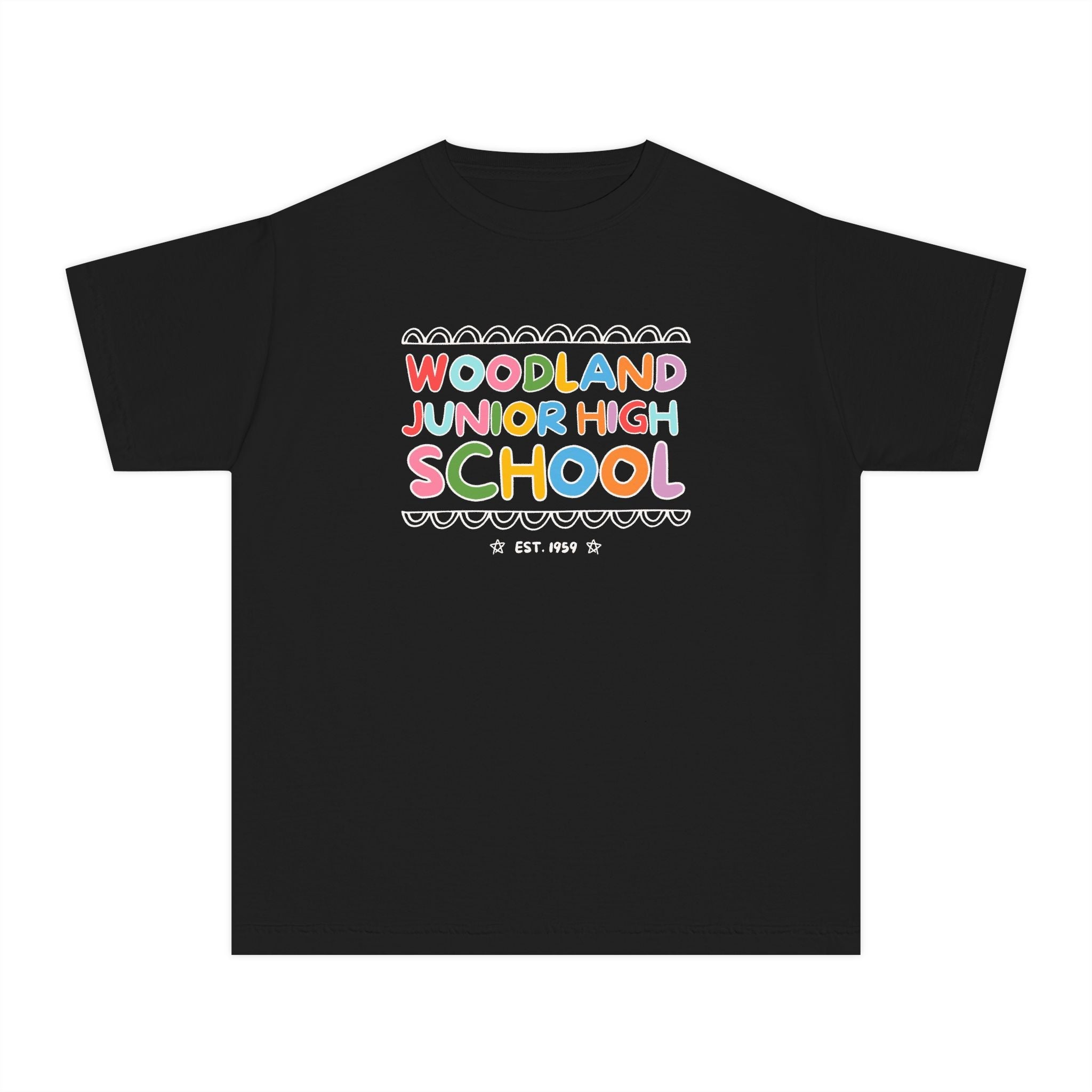 Woodland Junior High: Rainbow Letters Kids Tee Shirt | FPS + Opal and June Kids Tee Shirt, Fayetteville Public Schools - Opal and June
