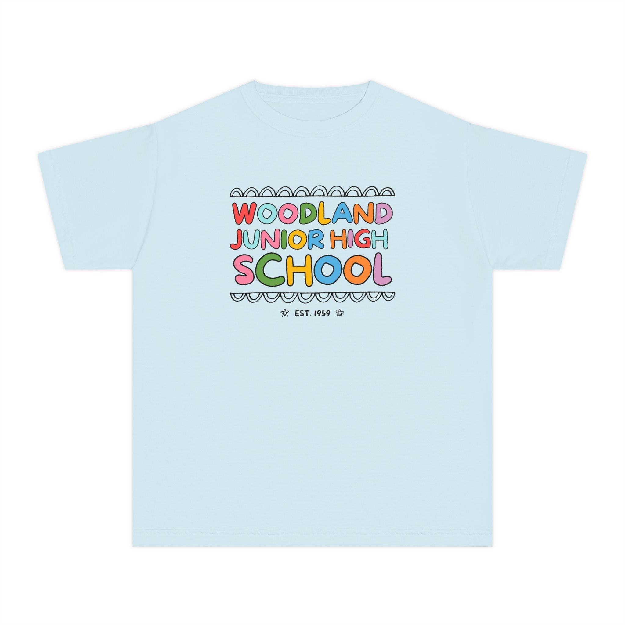 Woodland Junior High: Rainbow Letters Kids Tee Shirt | FPS + Opal and June Kids Tee Shirt, Fayetteville Public Schools - Opal and June