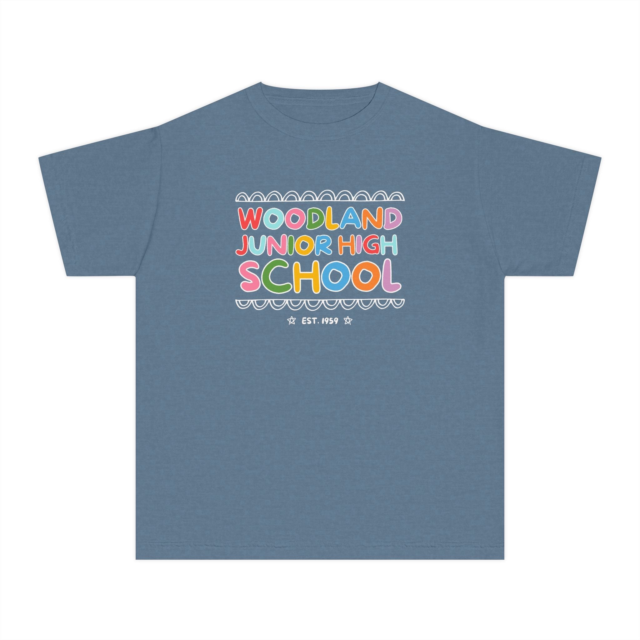 Woodland Junior High: Rainbow Letters Kids Tee Shirt | FPS + Opal and June Kids Tee Shirt, Fayetteville Public Schools - Opal and June