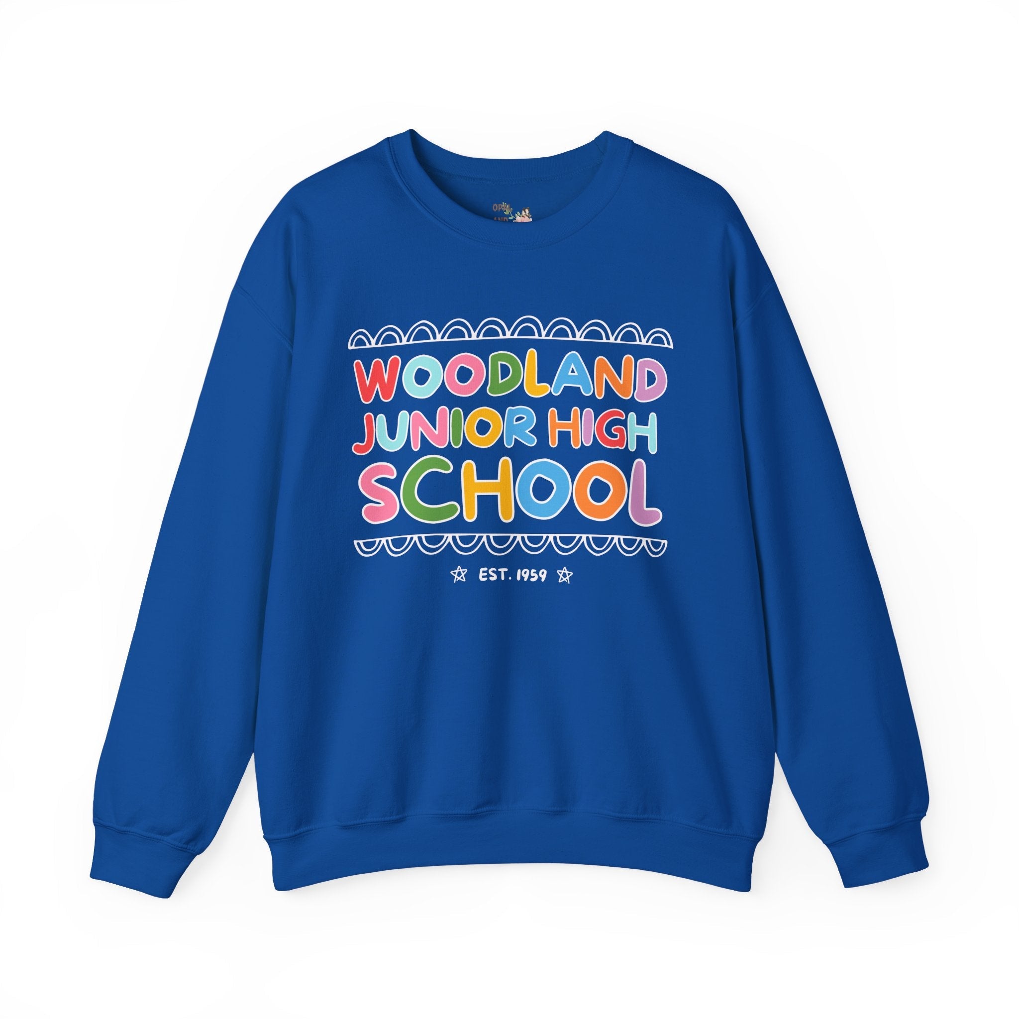 Woodland Junior High: Rainbow Letters Sweatshirt | FPS + Opal and June Sweatshirt, Fayetteville Public Schools - Opal and June