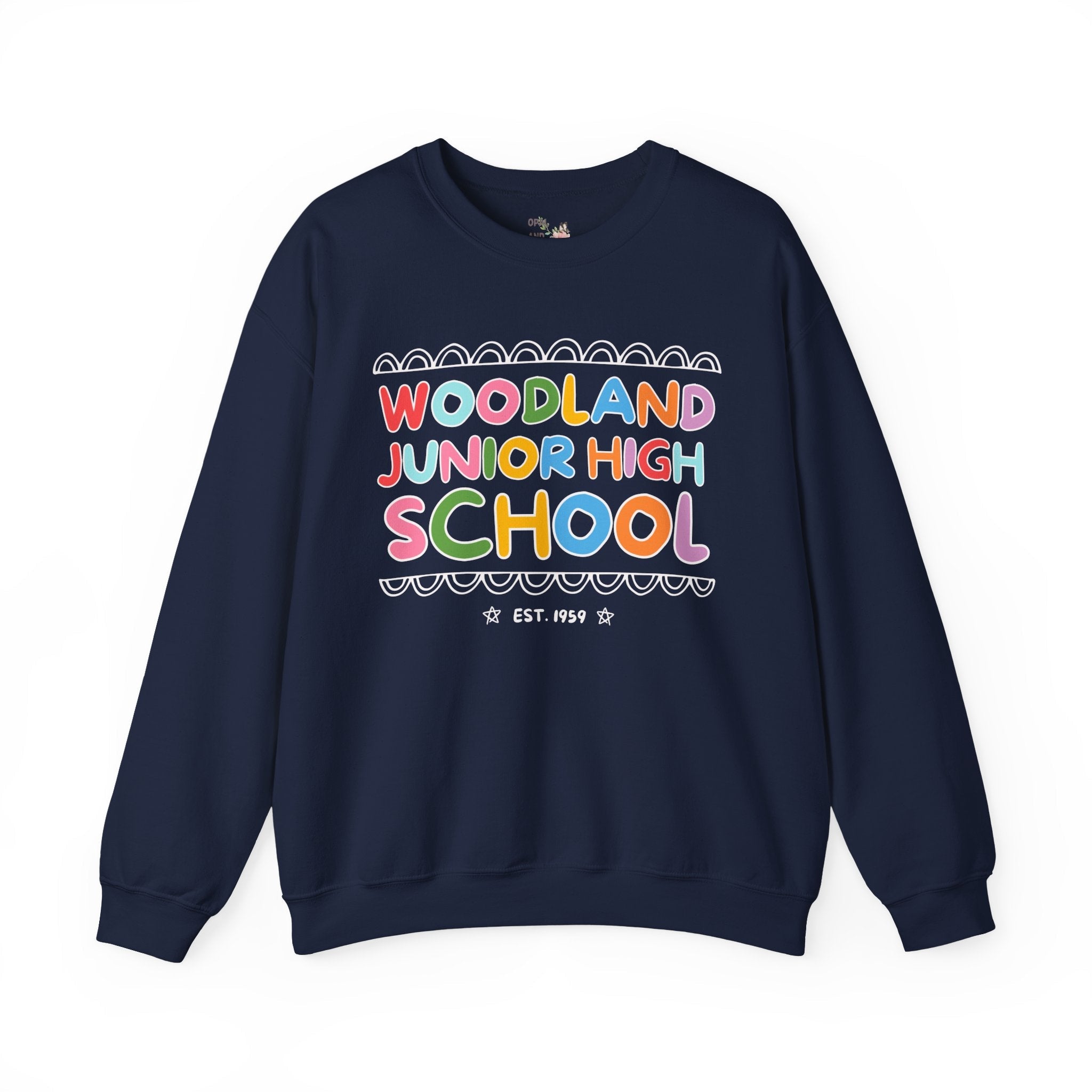 Woodland Junior High: Rainbow Letters Sweatshirt | FPS + Opal and June Sweatshirt, Fayetteville Public Schools - Opal and June