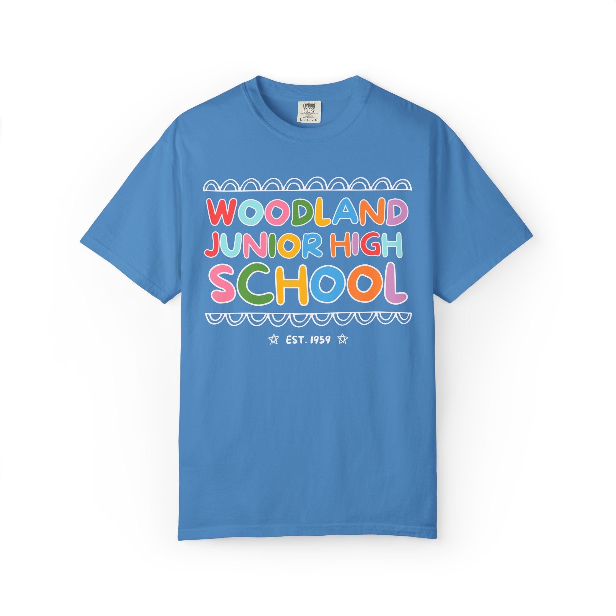 Woodland Junior High: Rainbow Letters Tee Shirt | FPS + Opal and June Tee Shirt, Fayetteville Public Schools - Opal and June