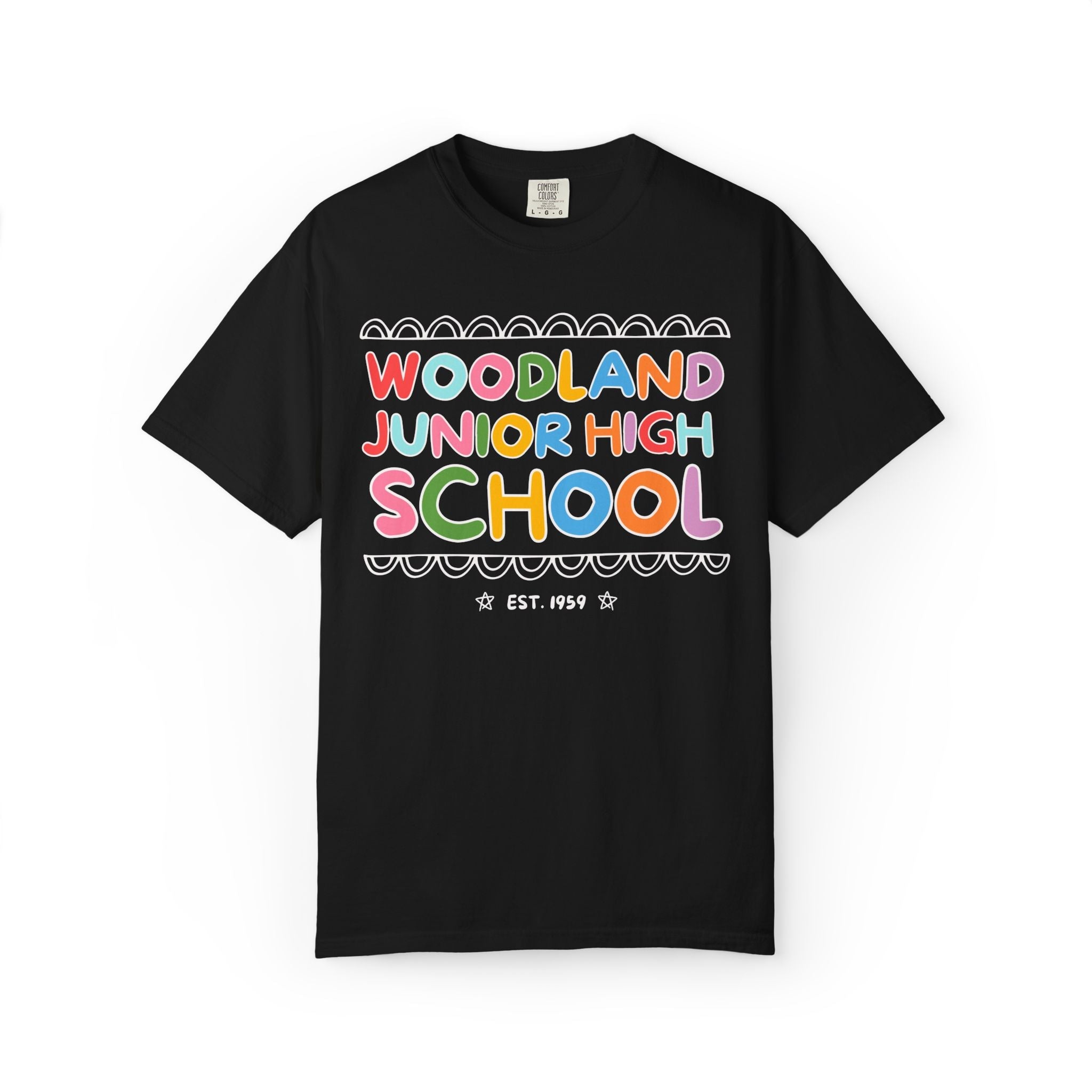 Woodland Junior High: Rainbow Letters Tee Shirt | FPS + Opal and June Tee Shirt, Fayetteville Public Schools - Opal and June