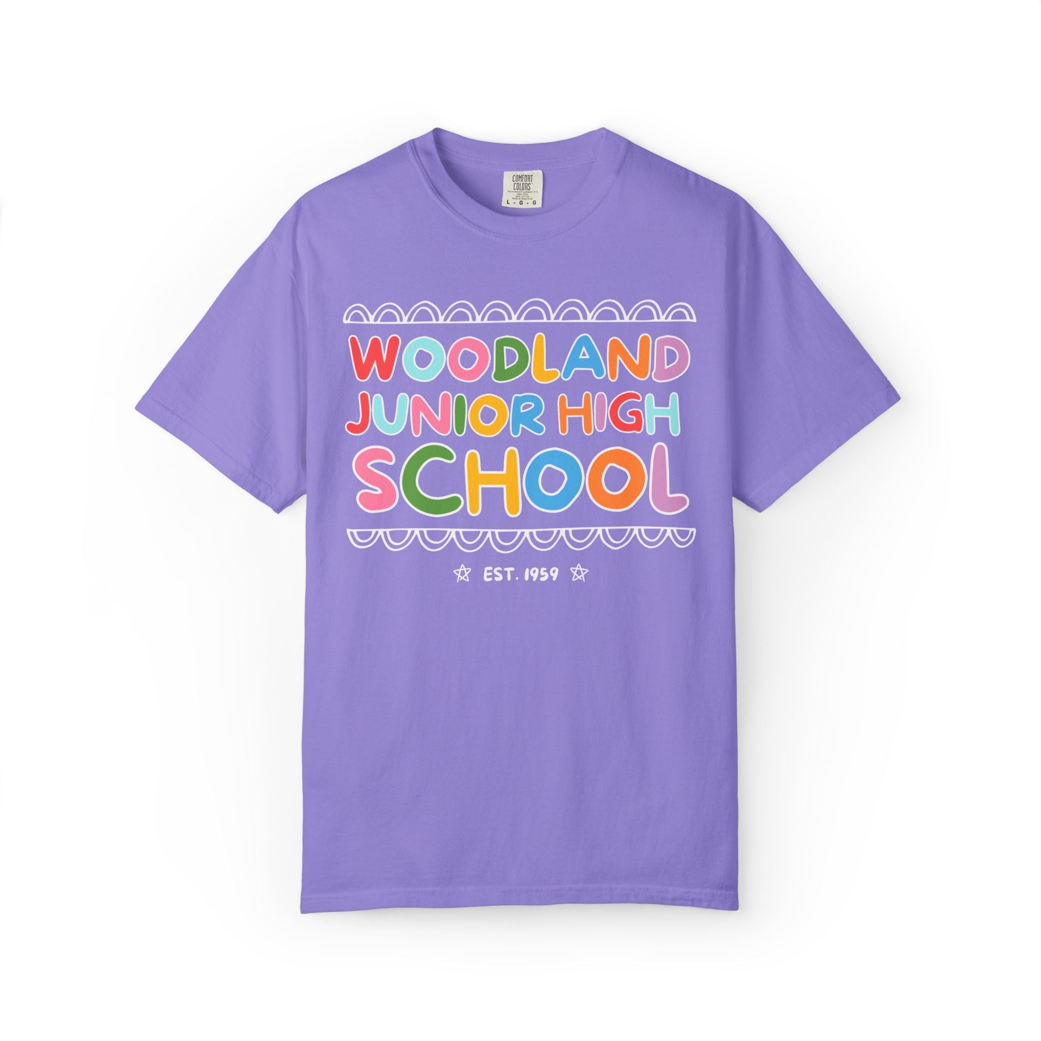 Woodland Junior High: Rainbow Letters Tee Shirt | FPS + Opal and June Tee Shirt, Fayetteville Public Schools - Opal and June