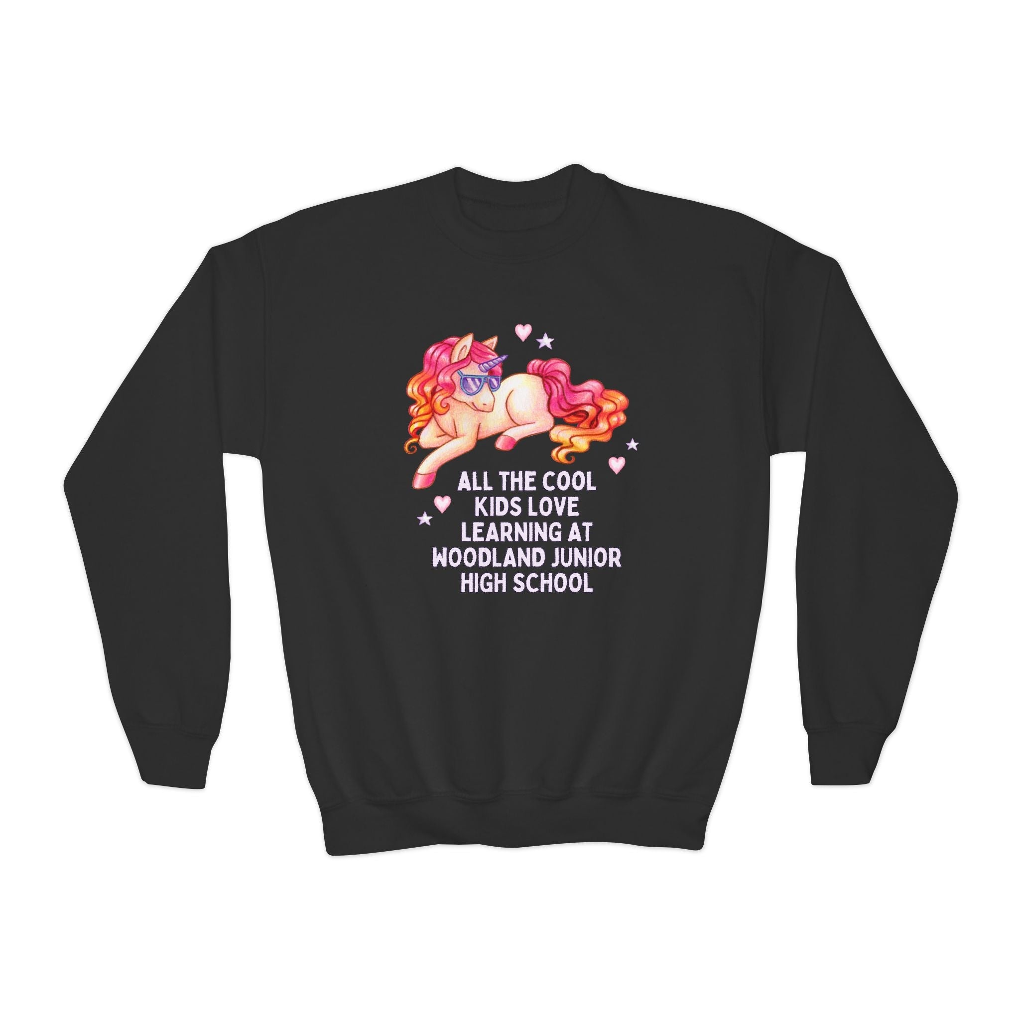 Woodland Junior High School Kids Sweatshirt: All the Cool Kids Love Learning at Woodland Junior High | FPS + Opal and June Kids Sweatshirt, Fayetteville Public Schools - Opal and June