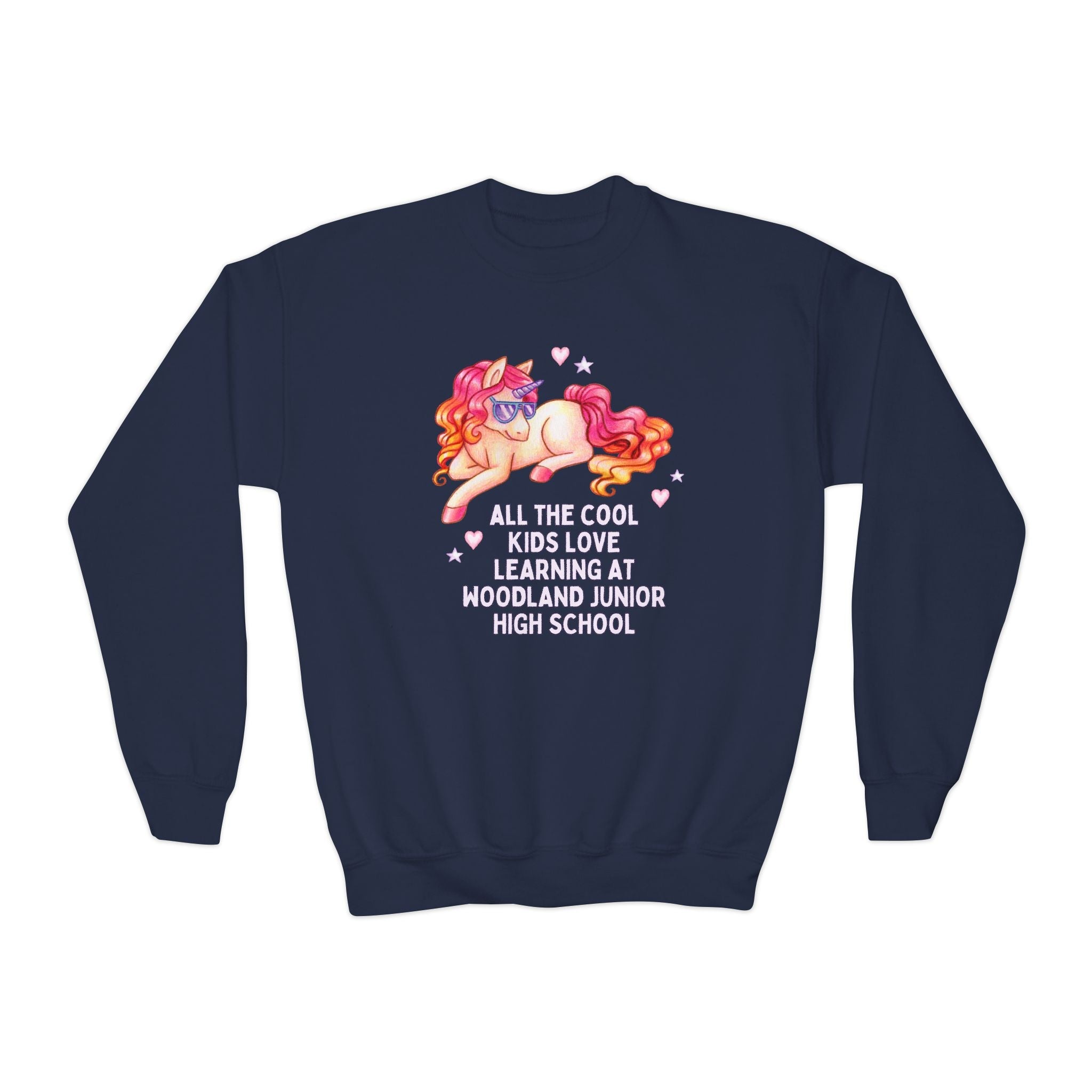 Woodland Junior High School Kids Sweatshirt: All the Cool Kids Love Learning at Woodland Junior High | FPS + Opal and June Kids Sweatshirt, Fayetteville Public Schools - Opal and June