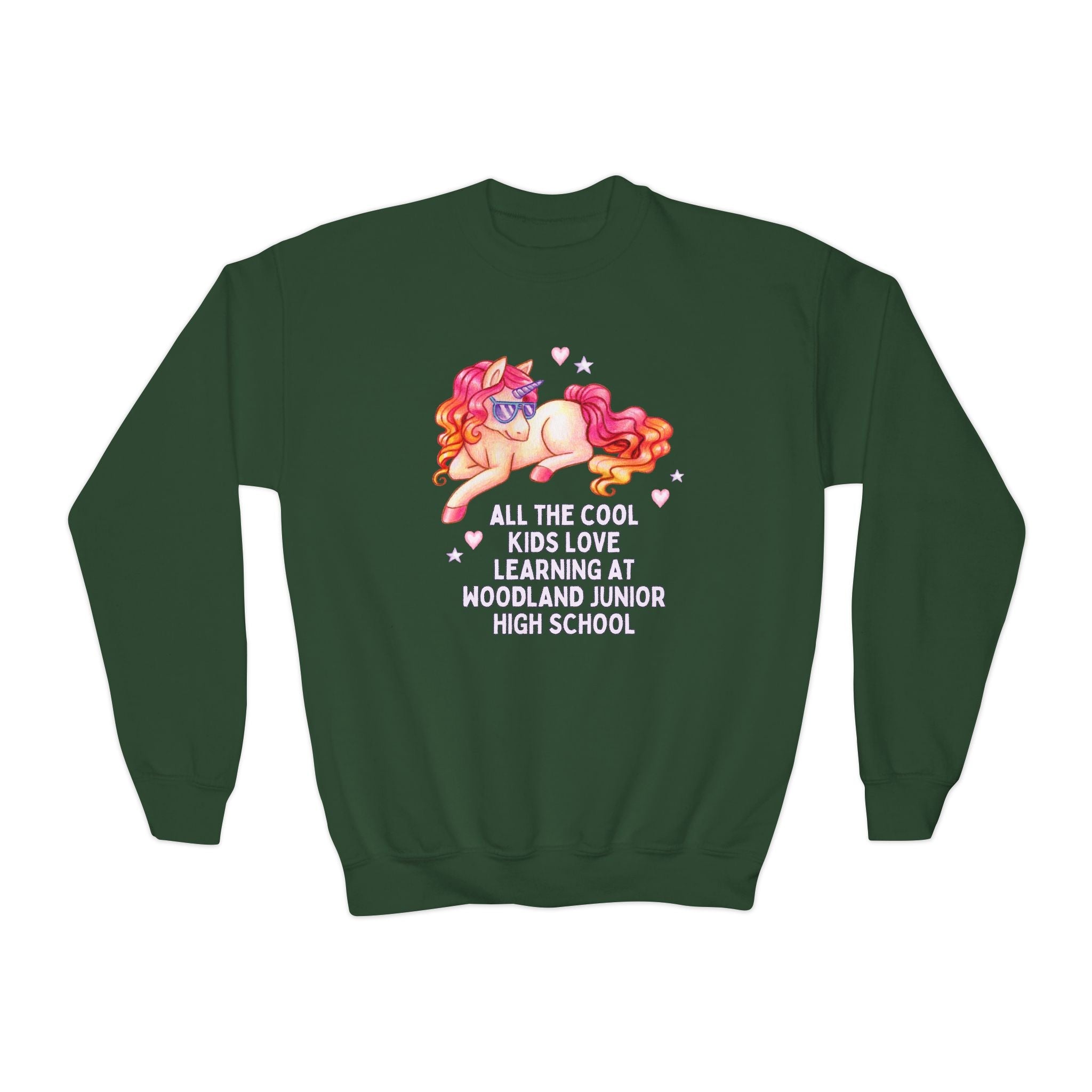Woodland Junior High School Kids Sweatshirt: All the Cool Kids Love Learning at Woodland Junior High | FPS + Opal and June Kids Sweatshirt, Fayetteville Public Schools - Opal and June