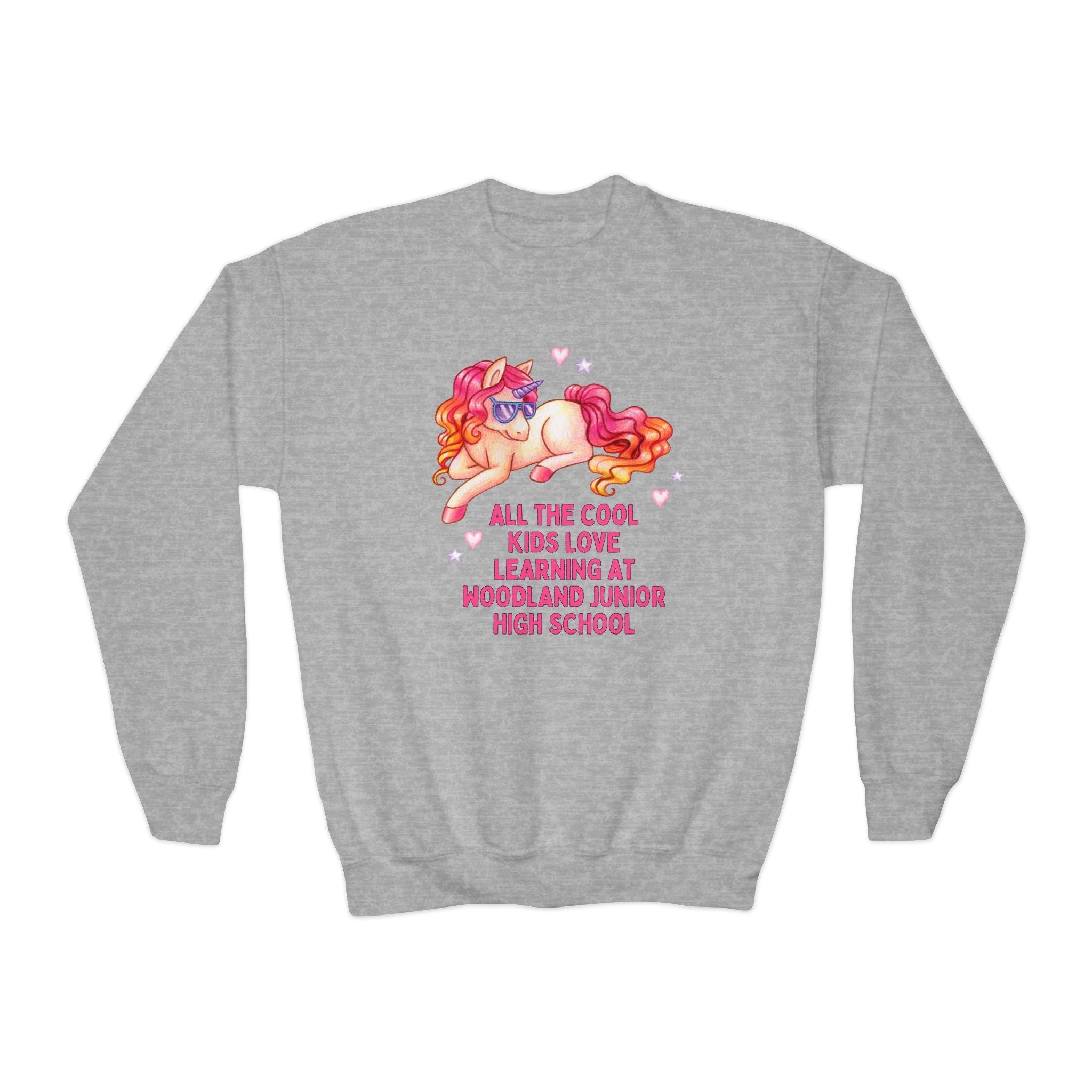 Woodland Junior High School Kids Sweatshirt: All the Cool Kids Love Learning at Woodland Junior High | FPS + Opal and June Kids Sweatshirt, Fayetteville Public Schools - Opal and June