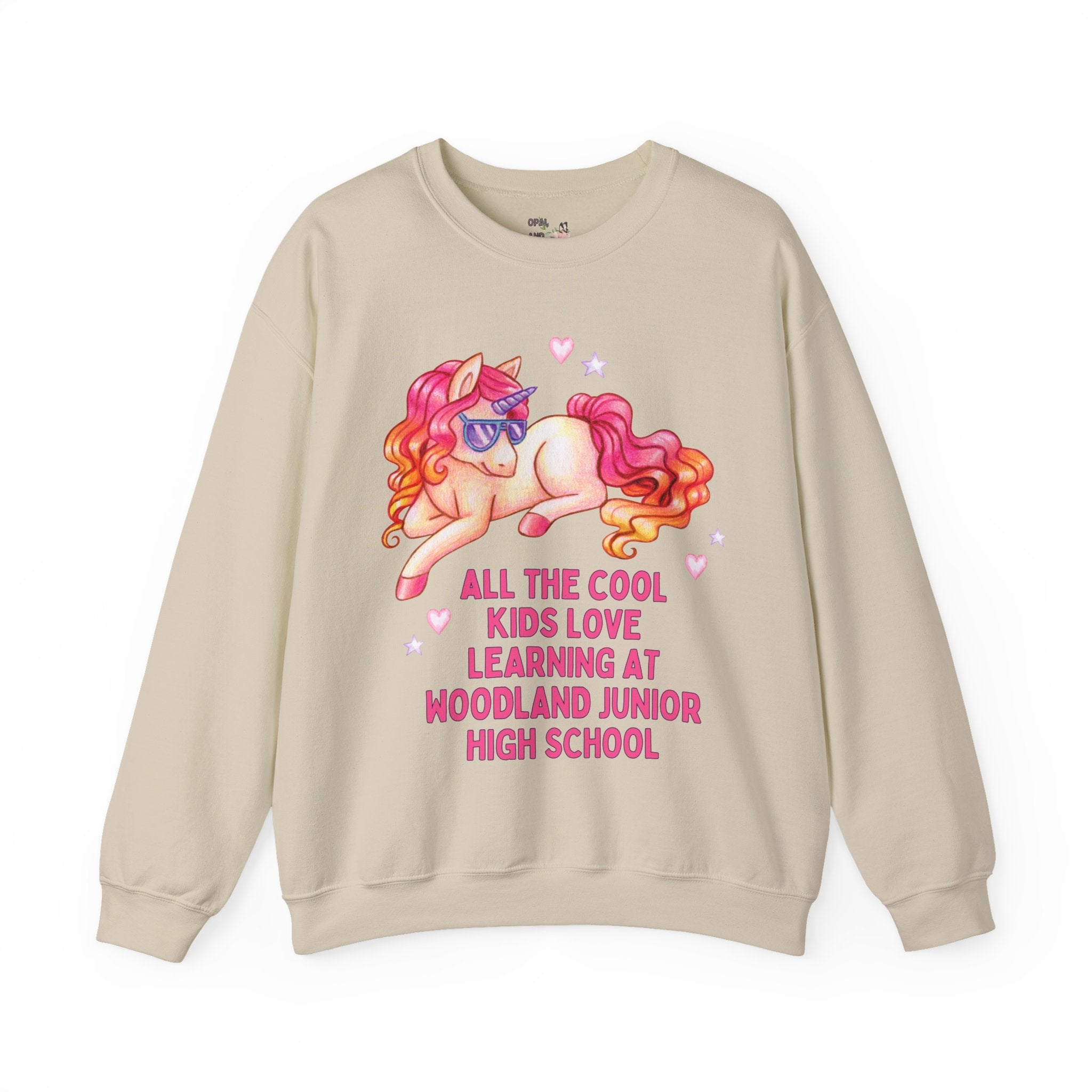 Woodland Junior High School Sweatshirt: All the Cool Kids Love Learning at Woodland Junior High | FPS + Opal and June Sweatshirt, Fayetteville Public Schools - Opal and June