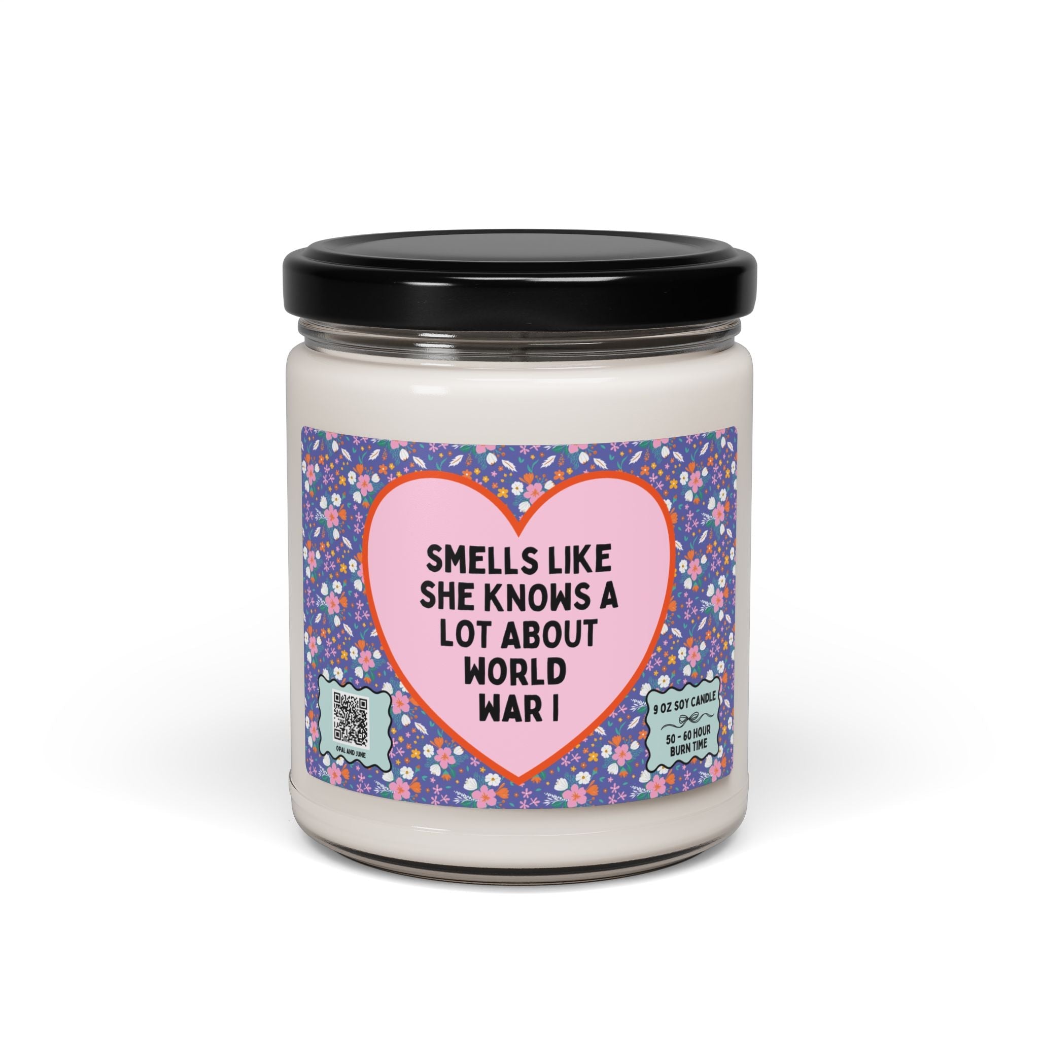 World War I History Buff Gift: Smells Like She Knows A Lot About World War I, History Teacher Appreciation, 9 Oz Soy Candle for Historian - Opal and June