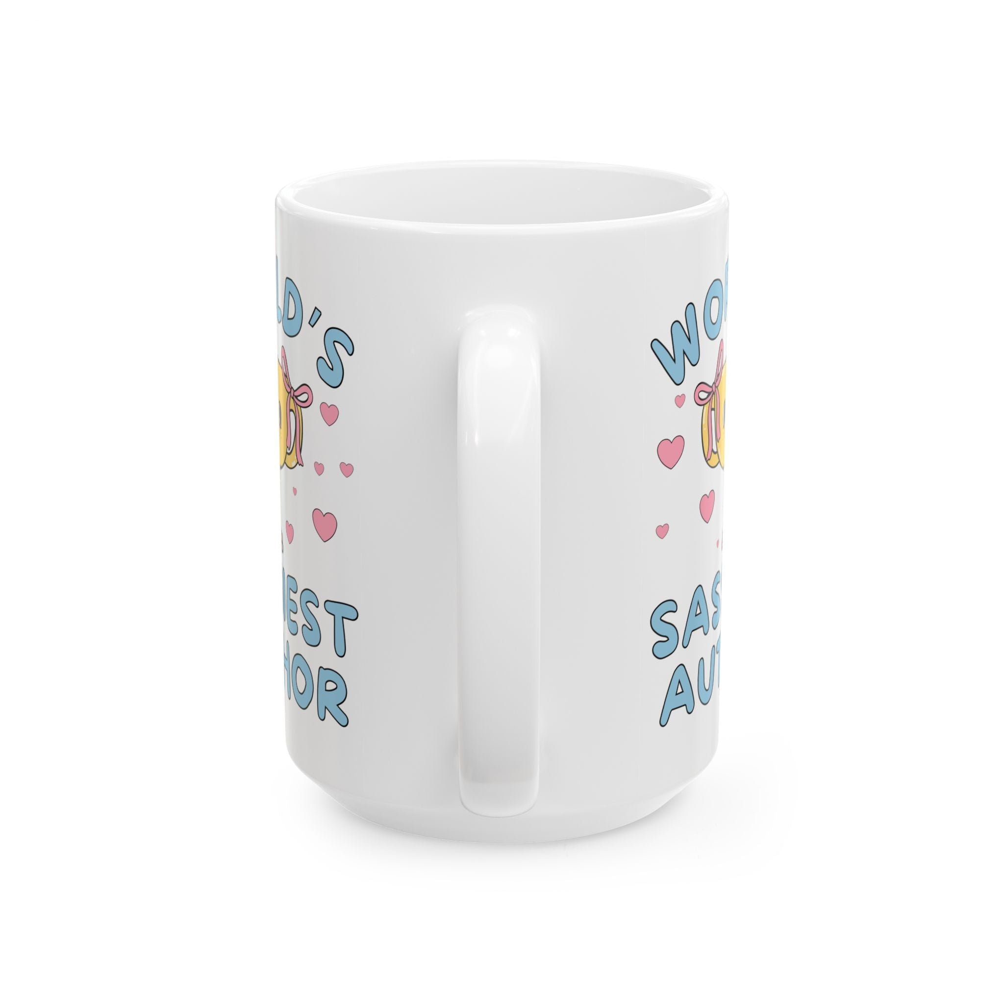 \World's Sassiest Author Coffee Mug: Funny Valentine's Gift or Silly Birthday Present for Romance Writer 15 Oz Coffee Mug with Hearts, Cute Congratulations Gift, Newly Published Author - Opal and June
