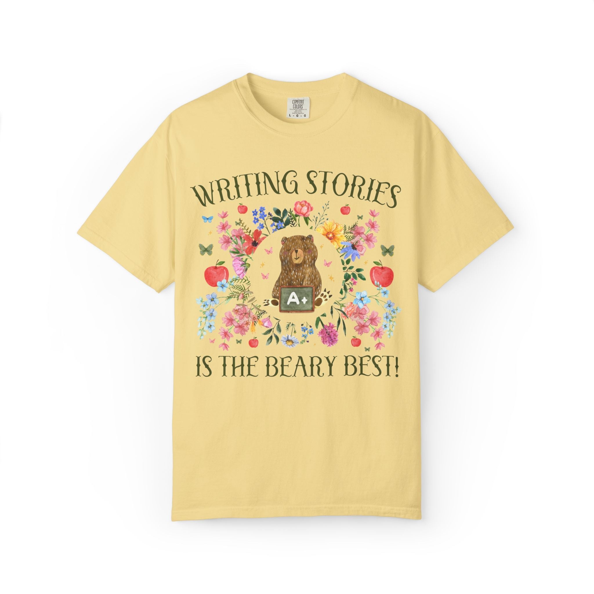 Writing Stories is The Beary Best Matching Teacher T-Shirt with Flowers and Cute Cottagecore Bear, Back to School Goblincore Tee - Opal and June