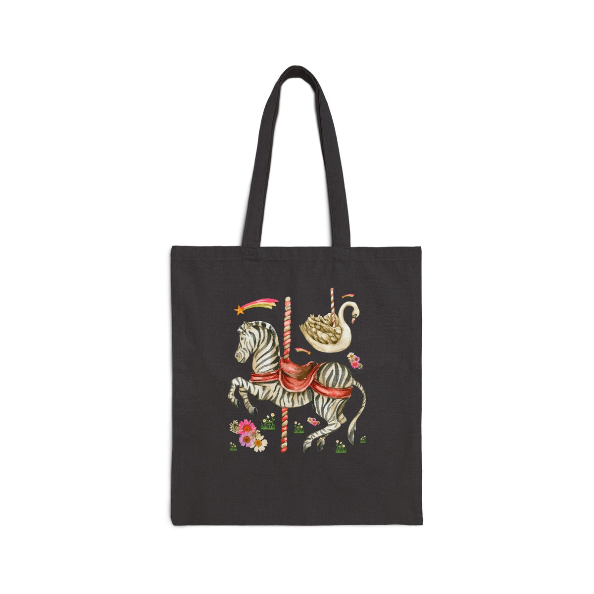 Zebra and Swan Nostalgic Carousal Circus Lover Tote Bag for Animal Lover with Shooting Stars and Flowers - Opal and June