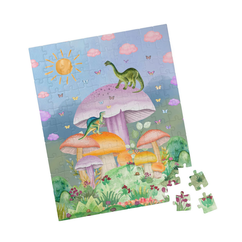 Funny Dinosaur Puzzle with Mushrooms: Creative Butterfly Puzzle for Adults with 70s Vibe