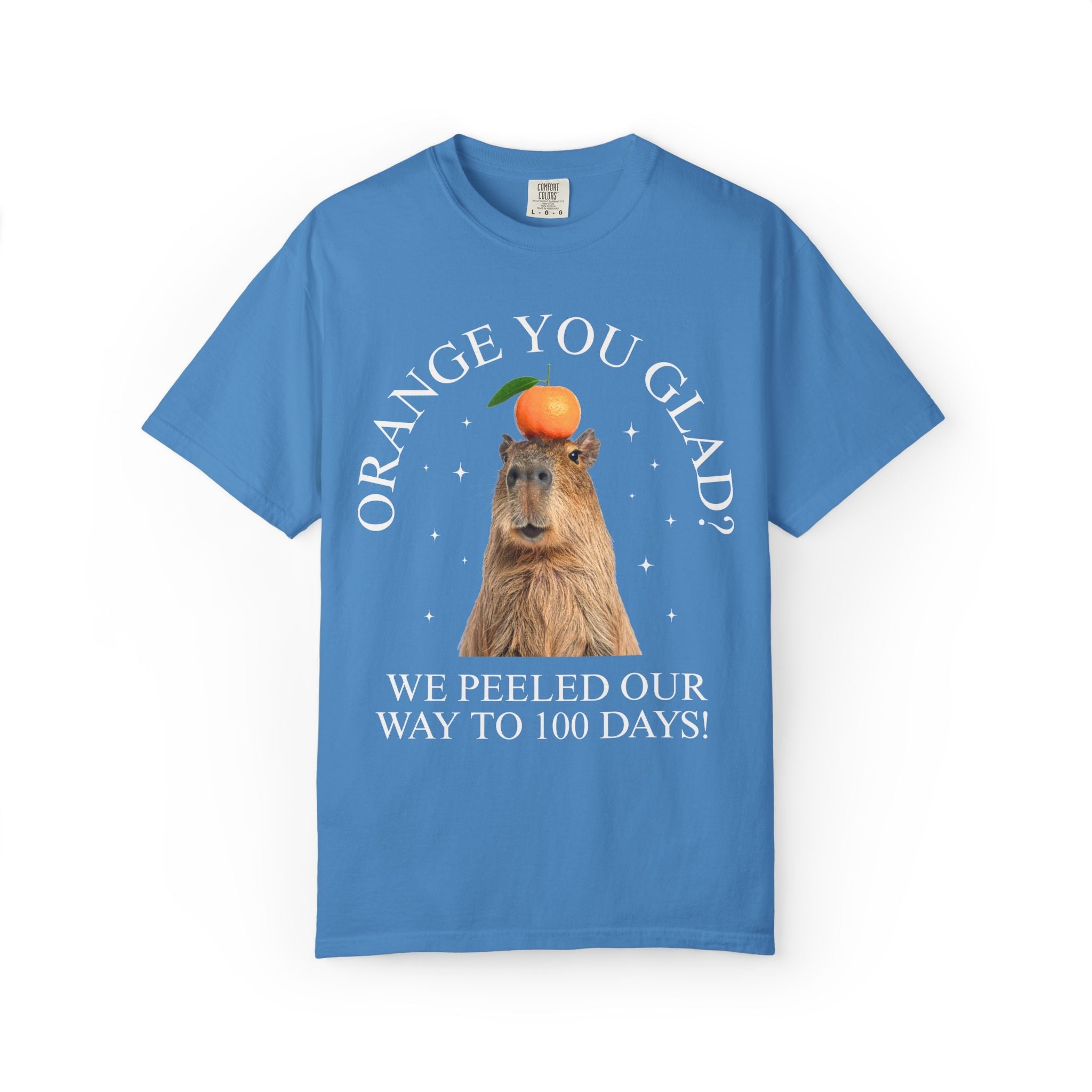 100 Days of School Animal Lover Tee Shirt with Funny Capybara Balancing an Orange, Silly Goblincore Weirdcore Tee, Matching Teacher Tee - Opal and June