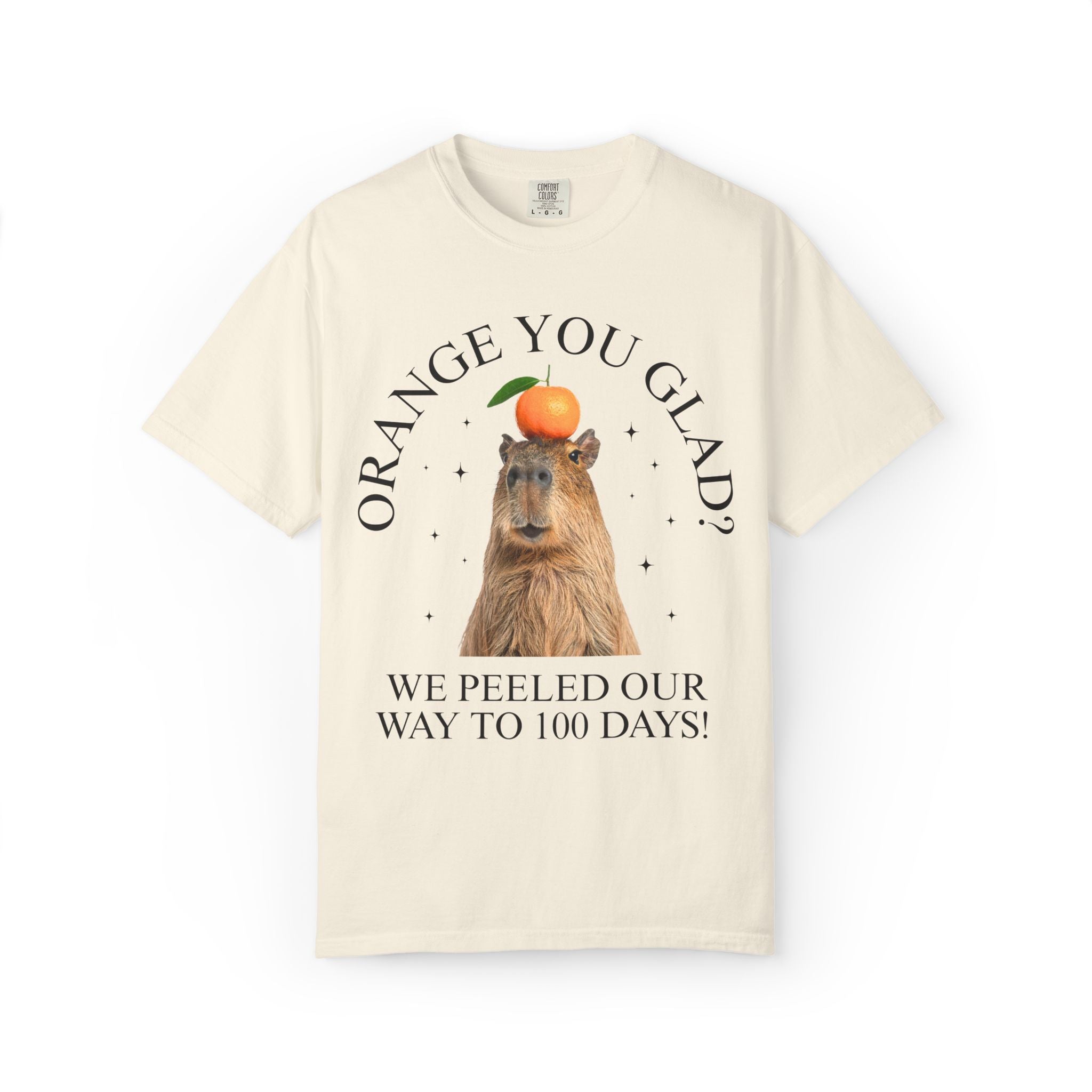 100 Days of School Animal Lover Tee Shirt with Funny Capybara Balancing an Orange, Silly Goblincore Weirdcore Tee, Matching Teacher Tee - Opal and June