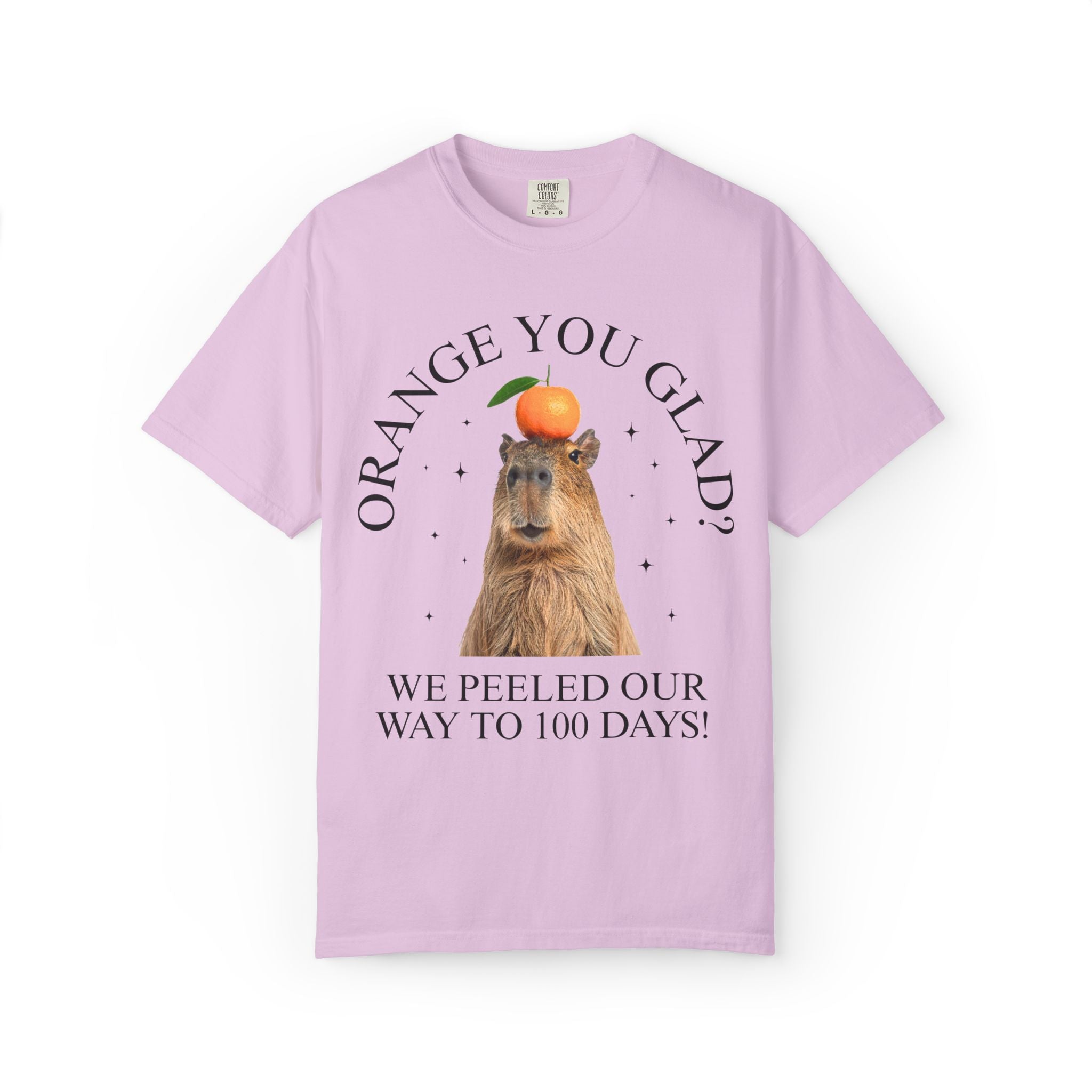 100 Days of School Animal Lover Tee Shirt with Funny Capybara Balancing an Orange, Silly Goblincore Weirdcore Tee, Matching Teacher Tee - Opal and June