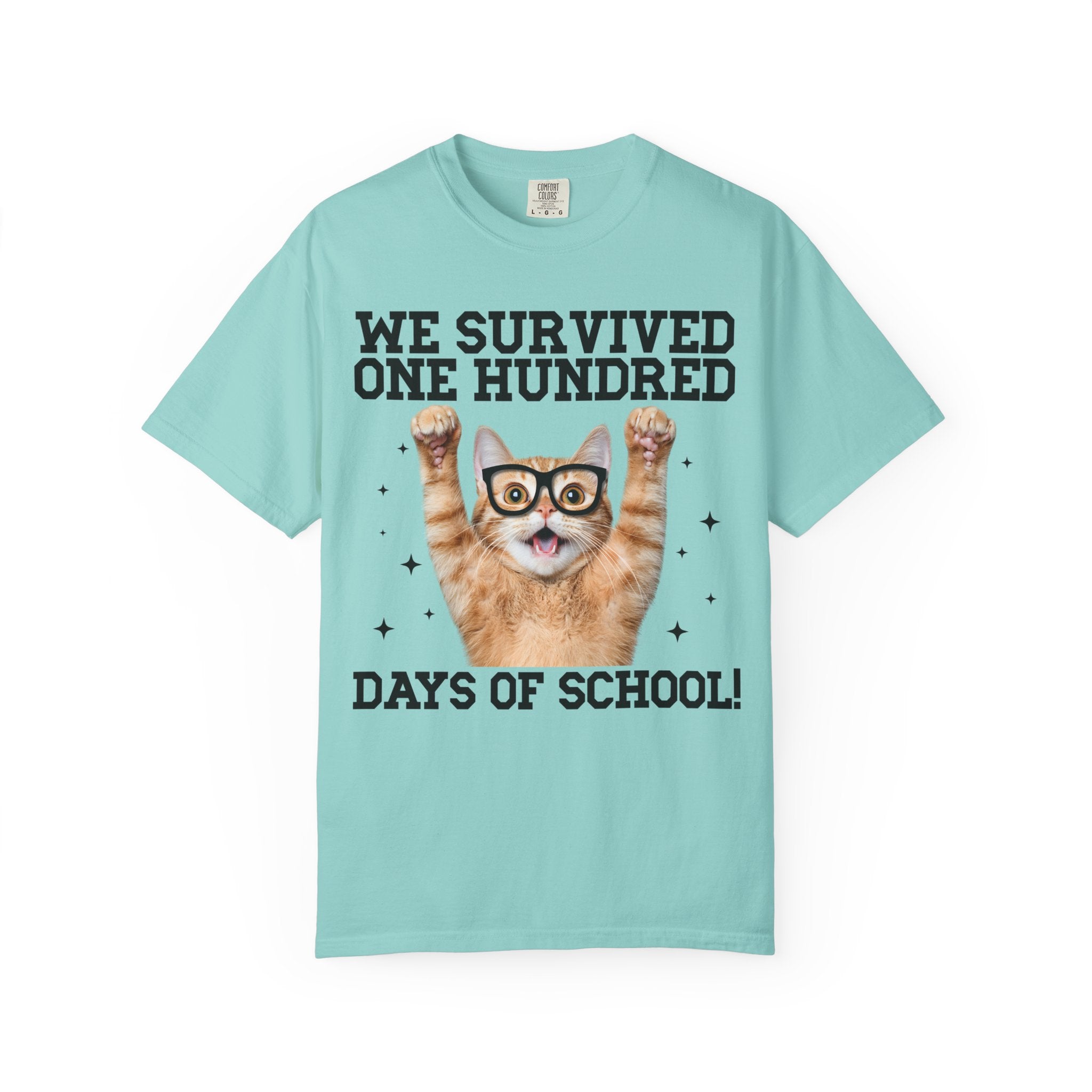 100 Days of School Cat Lover Tee Shirt for Elementary School Teacher, Cute School Principal T-Shirt with Stars, School Librarian 100 Days T - Opal and June
