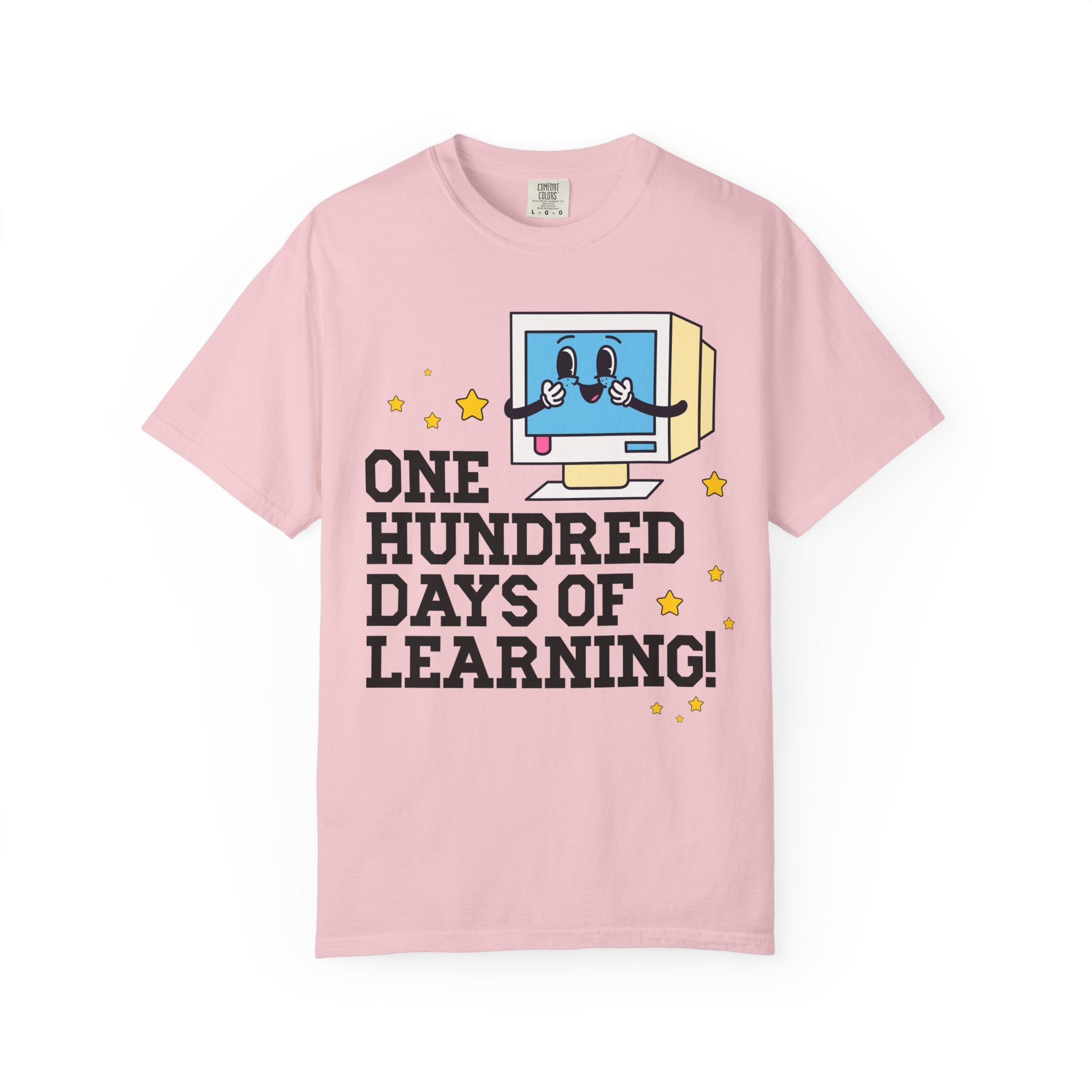100 Days of School Computer Science or Technology Teacher T-Shirt, Cute Retro Aesthetic Middle School or High School Teacher Tee with Stars - Opal and June