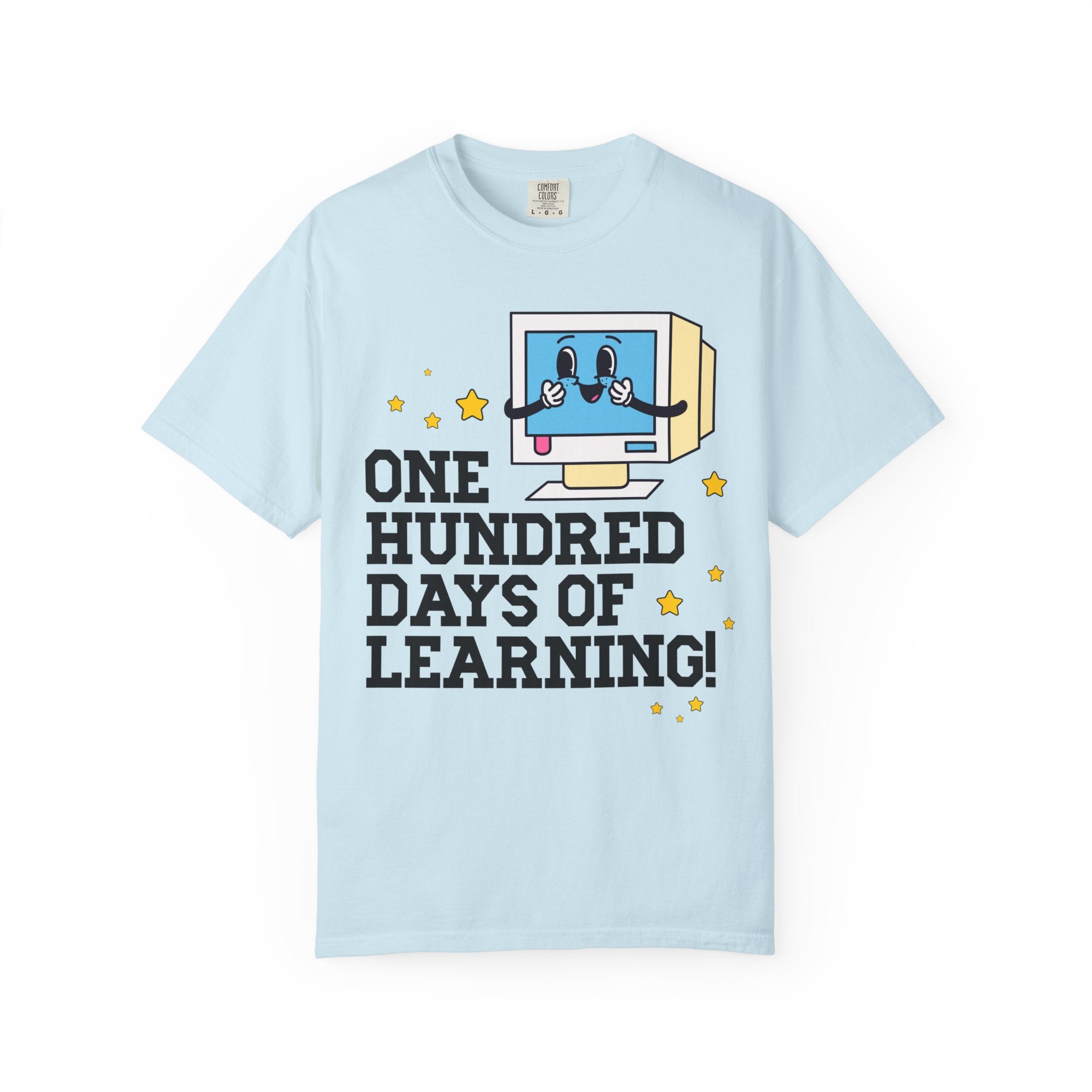 100 Days of School Computer Science or Technology Teacher T-Shirt, Cute Retro Aesthetic Middle School or High School Teacher Tee with Stars - Opal and June