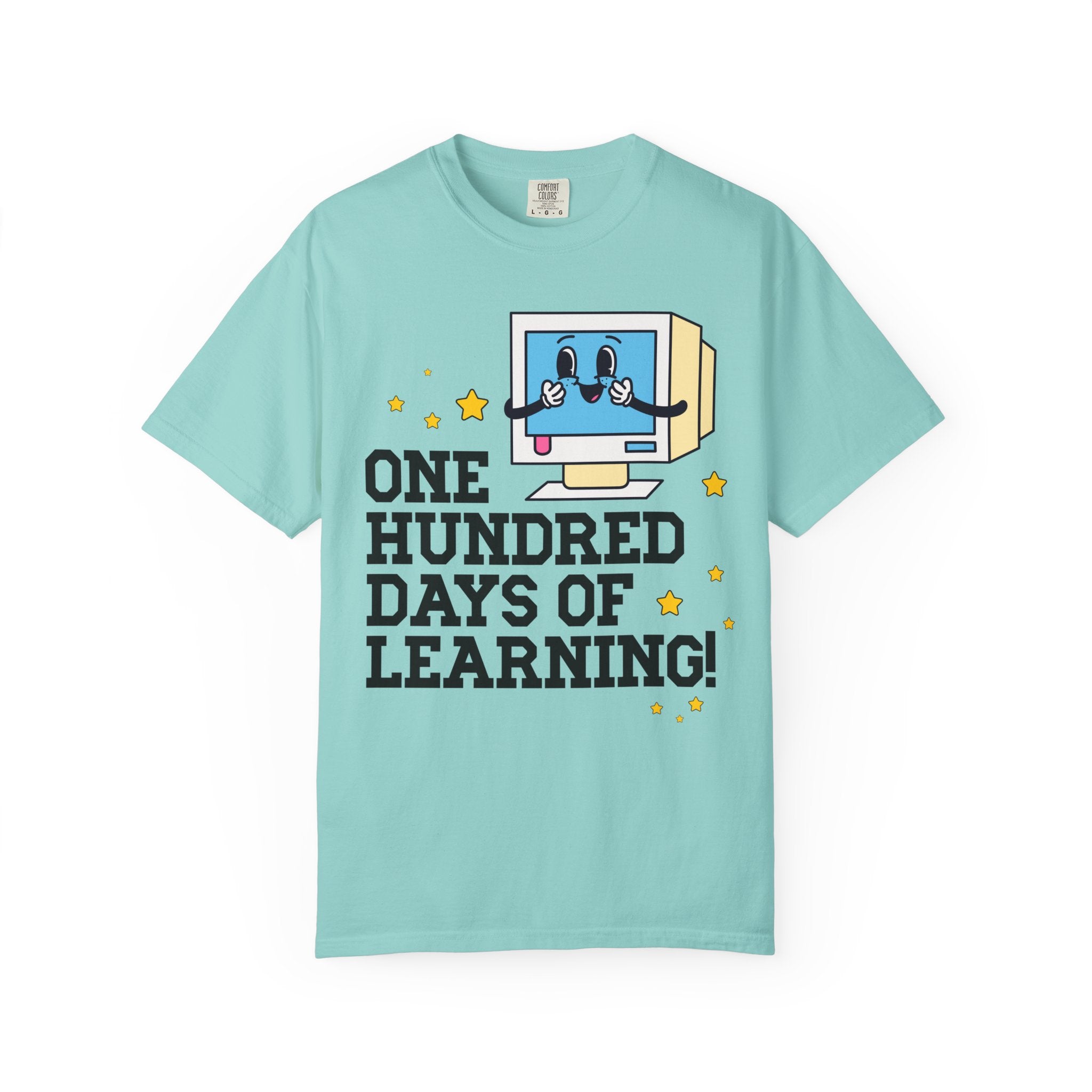 100 Days of School Computer Science or Technology Teacher T-Shirt, Cute Retro Aesthetic Middle School or High School Teacher Tee with Stars - Opal and June