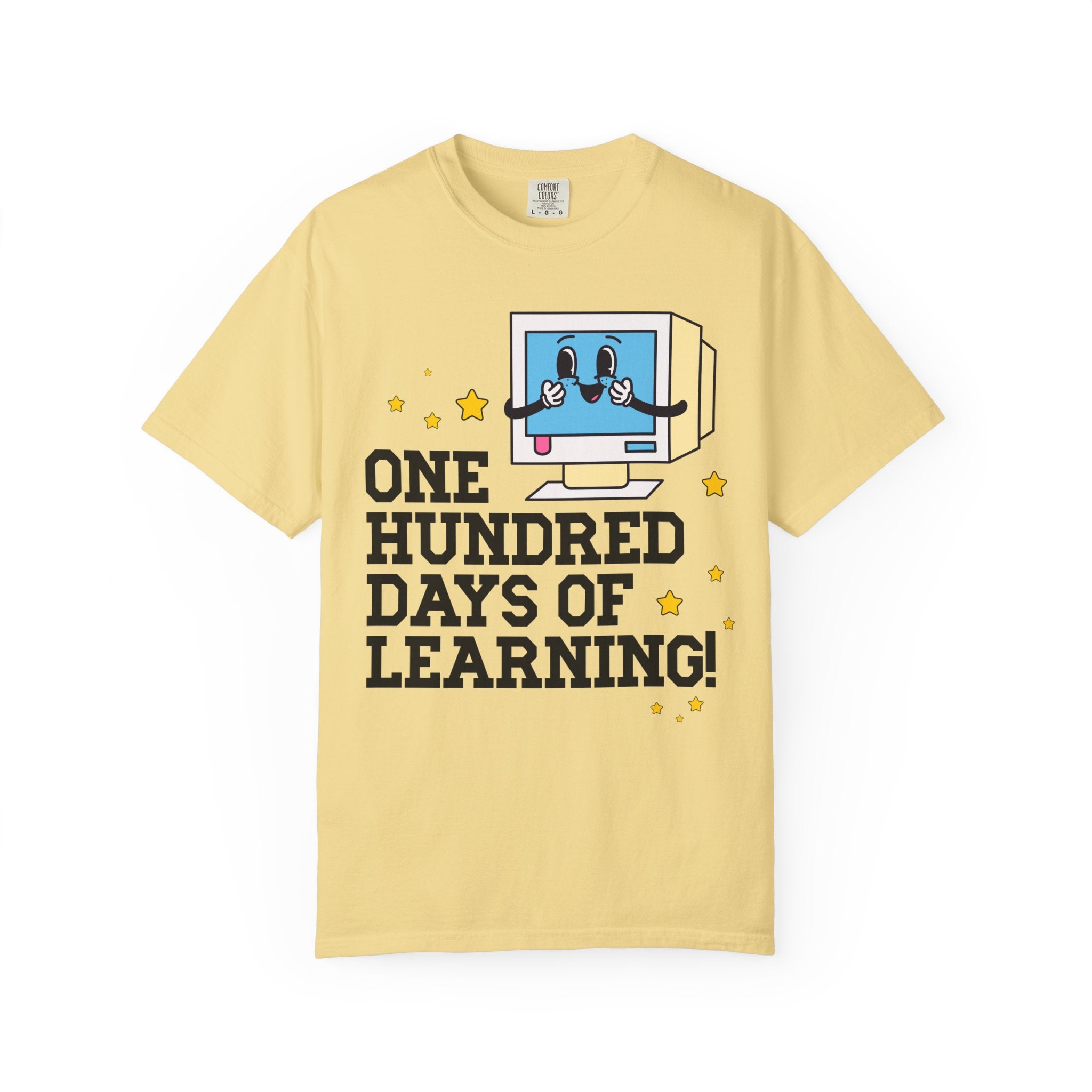 100 Days of School Computer Science or Technology Teacher T-Shirt, Cute Retro Aesthetic Middle School or High School Teacher Tee with Stars - Opal and June