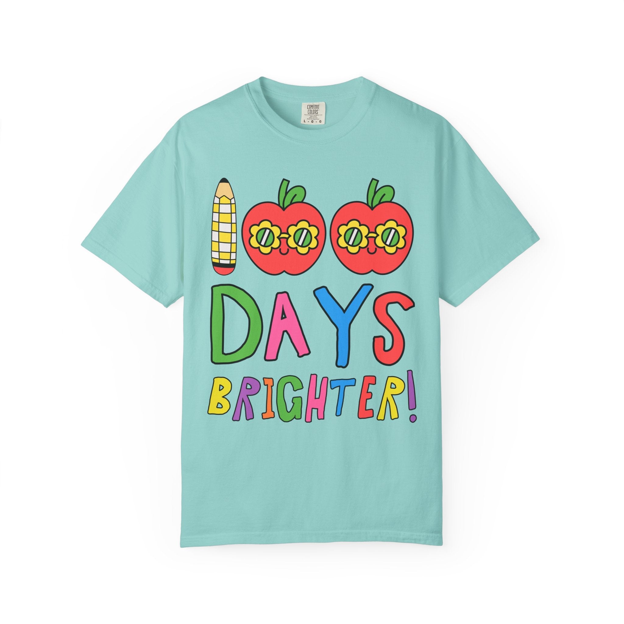 100 Days of School Matching Teacher T-Shirt with Retro Apples: 100 Days Brighter! | Cute Nostalgic Teacher T-Shirt for First or Second Grade - Opal and June