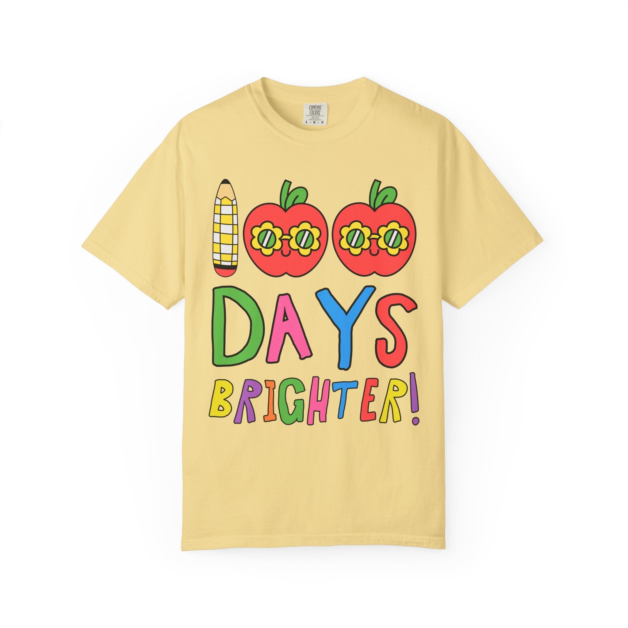 100 Days of School Matching Teacher T-Shirt with Retro Apples: 100 Days Brighter! | Cute Nostalgic Teacher T-Shirt for First or Second Grade - Opal and June