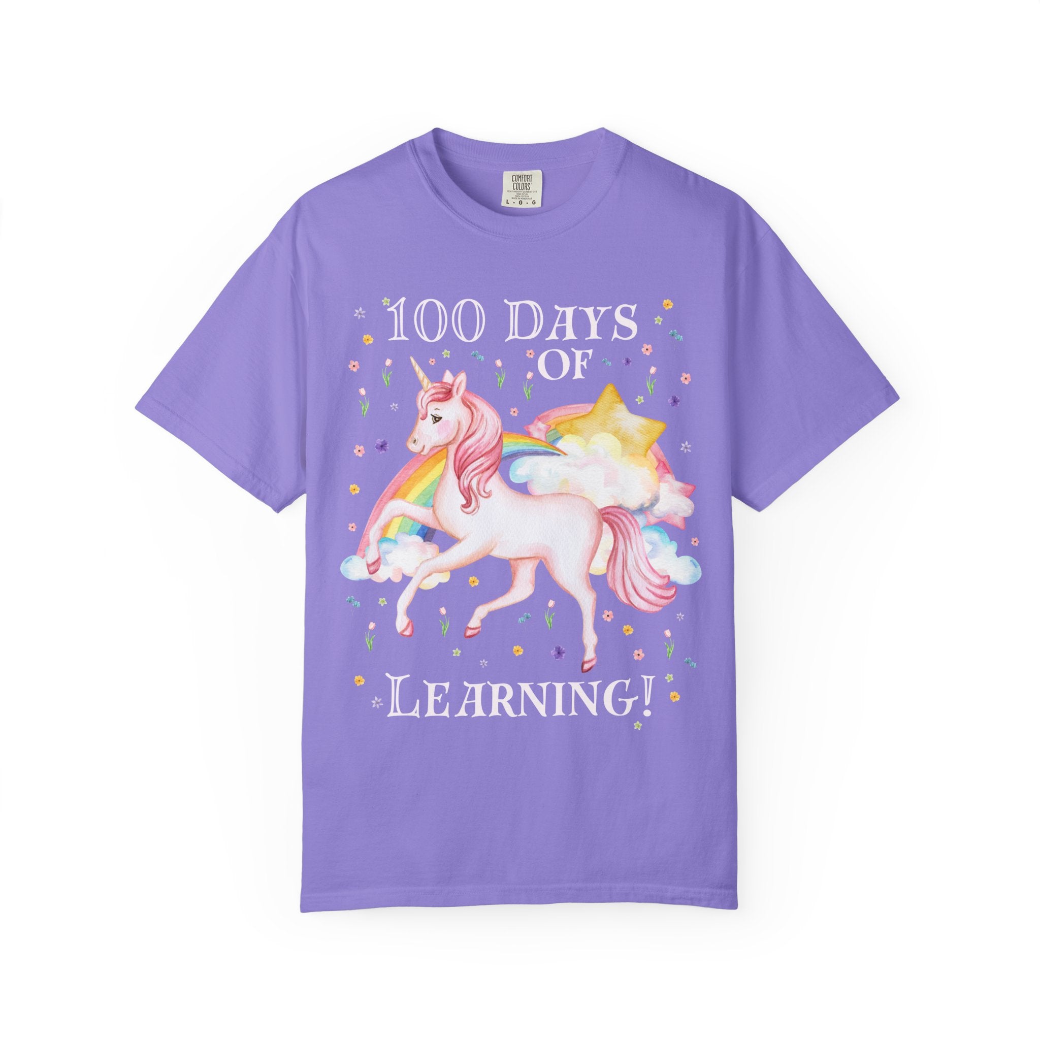 100 Days of School Teacher for Kindergarten Squad or Second Grade Crew Who Loves Unicorns: 100 Days of Learning, Colorful 90s Aesthetic Tee - Opal and June