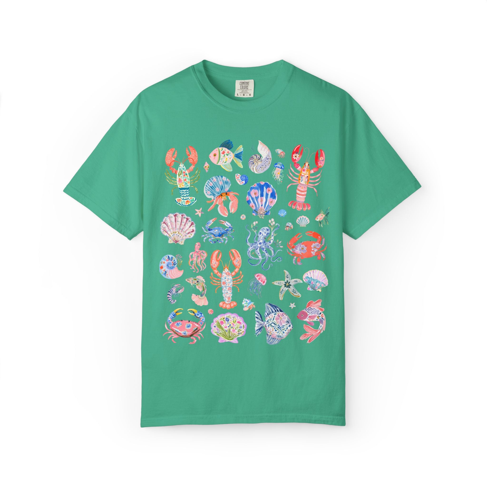 Floral Ocean Animal Lover Tee Shirt with Fish, Crabs, and Lobsters: Boho Flower Goblincore Tee for Trip to Beach, Matching Cruise Shirt