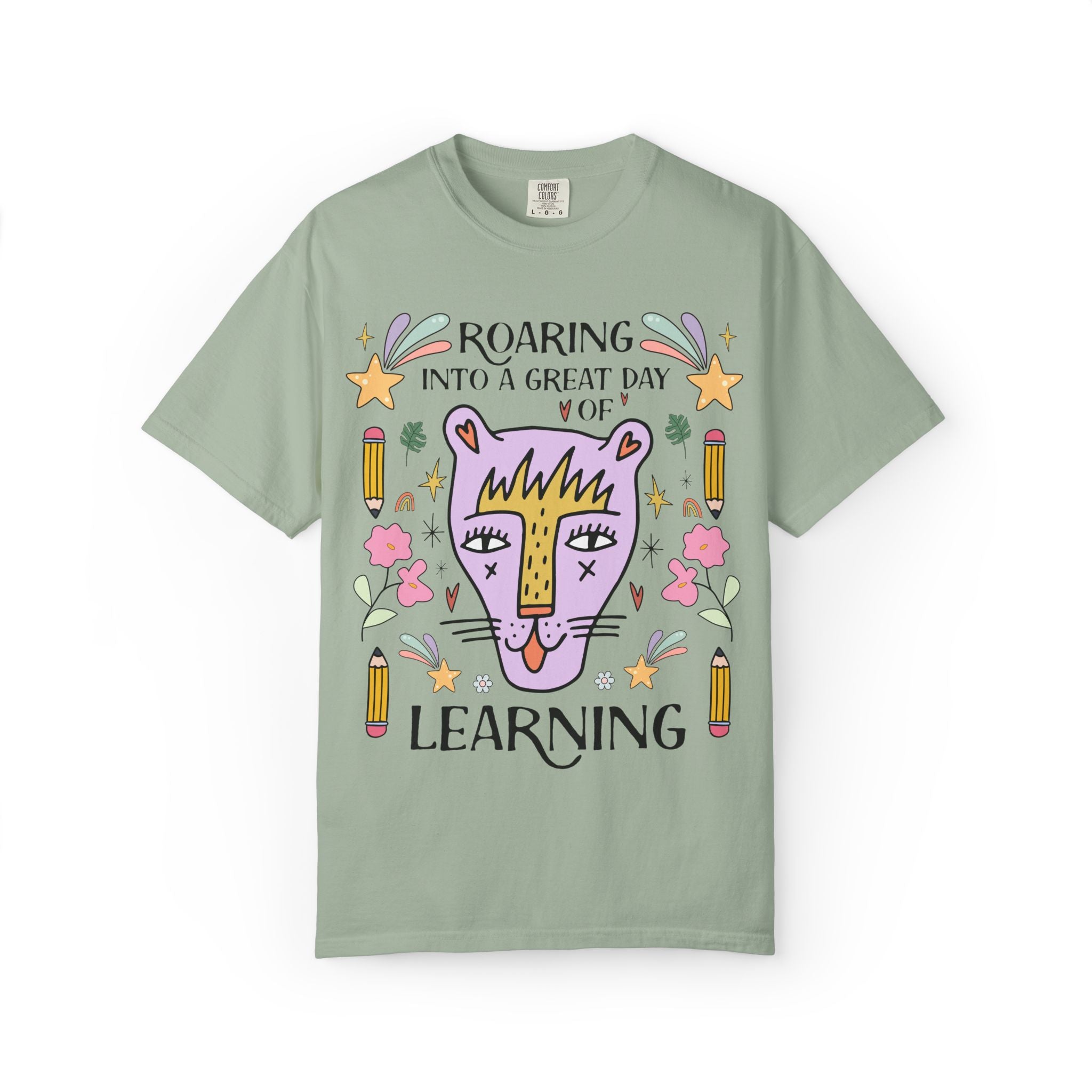 Matching Teacher Tee Shirt: Roaring Into a Great Day of Learning | Cute Matching Teacher or School Office Staff Tee with Pencils and Flowers