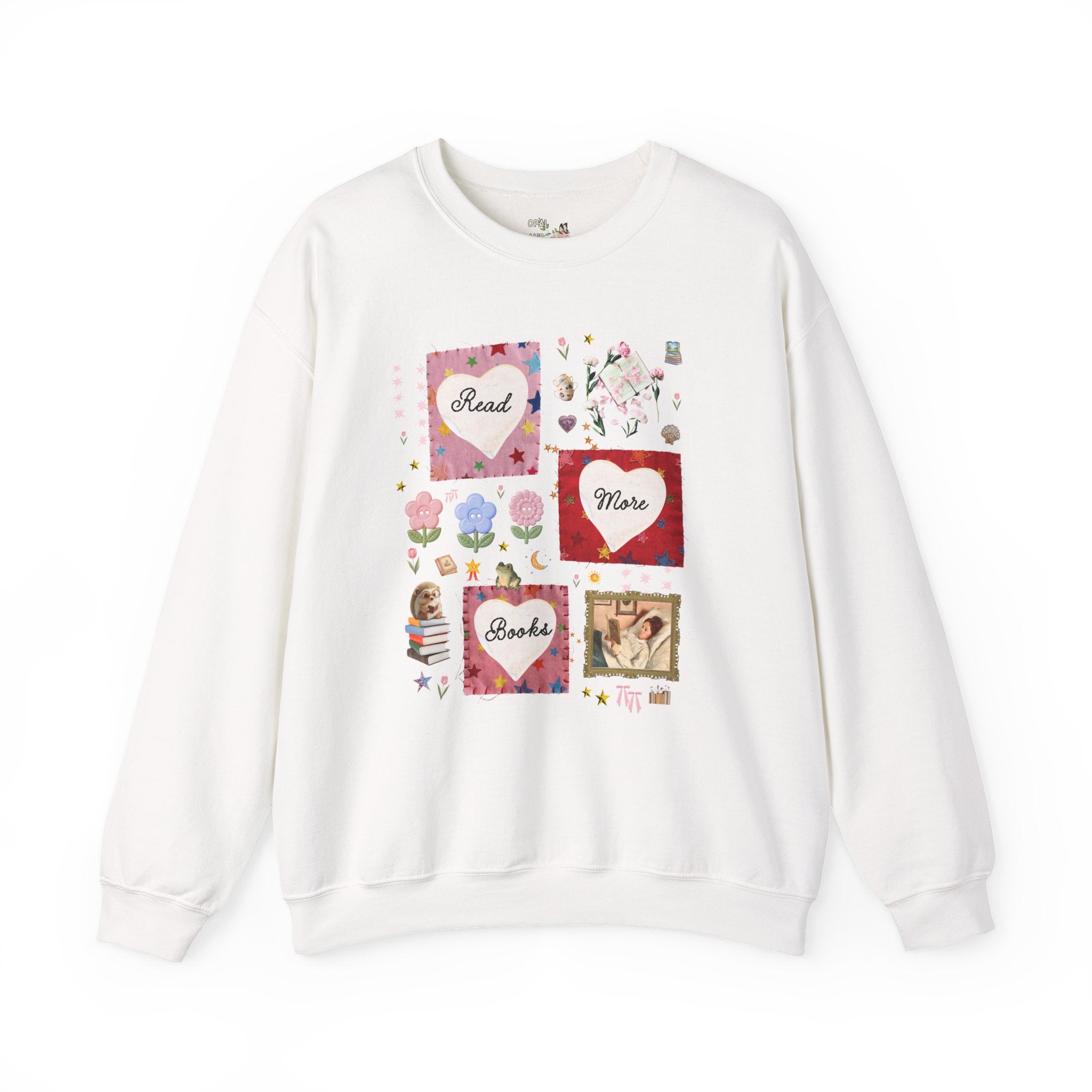 Read More Books Maximalist Collage Sweatshirt with Hearts and Flowers, Whimsy Kitschy Soft Girl Style Crewneck for Book Lover or Bookworm