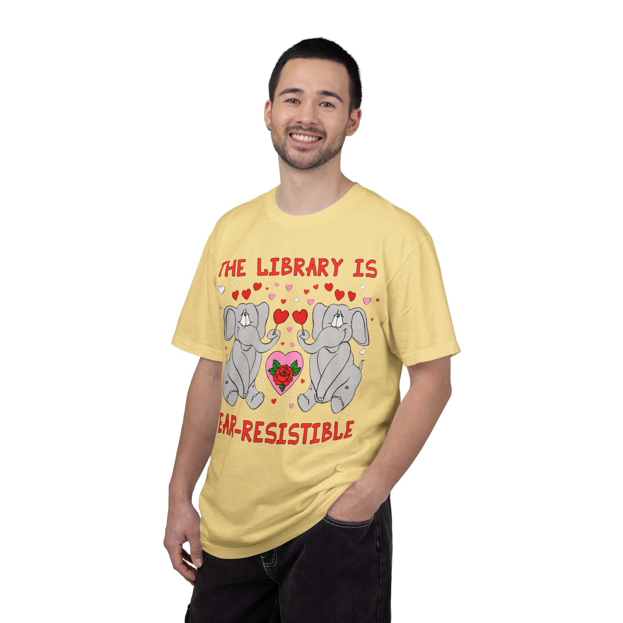 The Library is Ear-Resistible! Valentine's Day Teacher Tee: Funny Animal Lover T-Shirt with Elephant and Hearts, Cute Matching Teacher Tee