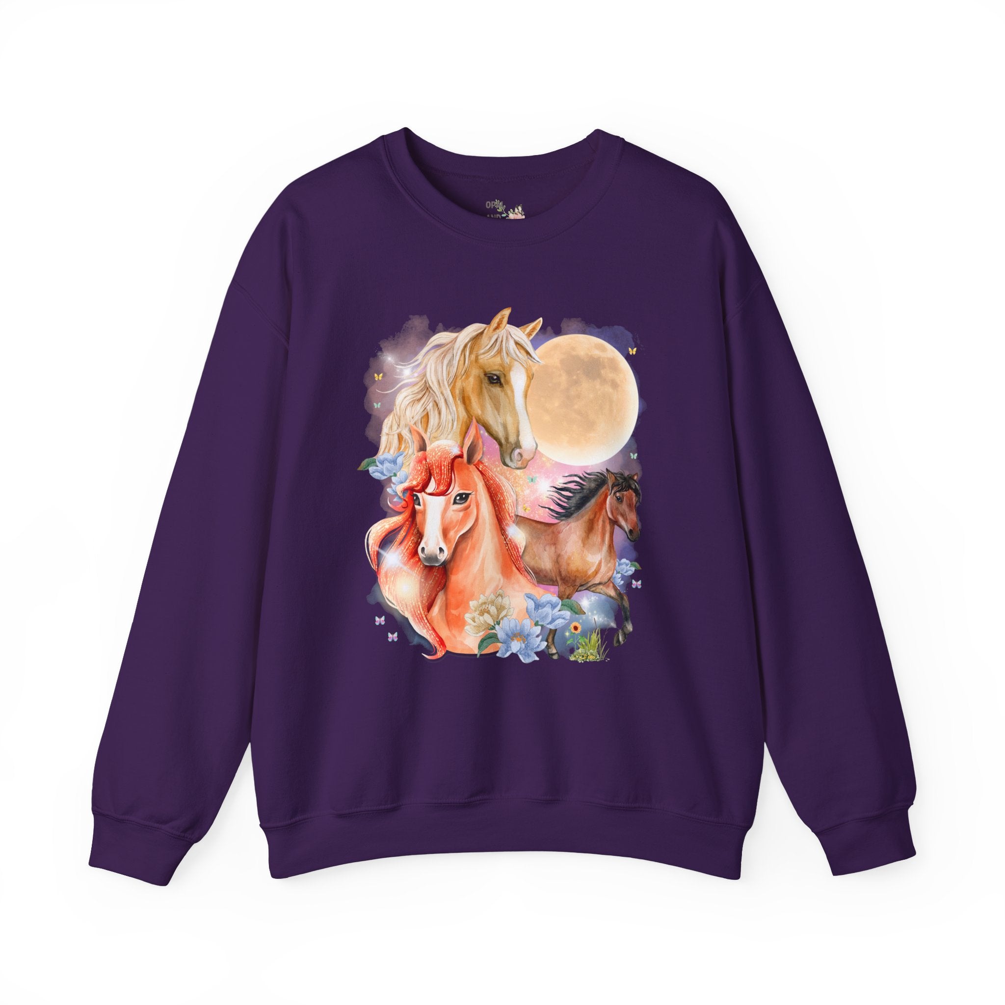 Horse Animal Lover Sweatshirt with Butterflies and Flowers: Retro Goblincore Crewneck with Moon, Silly 90s Throwback Equestrian Shirt, Horse Lover